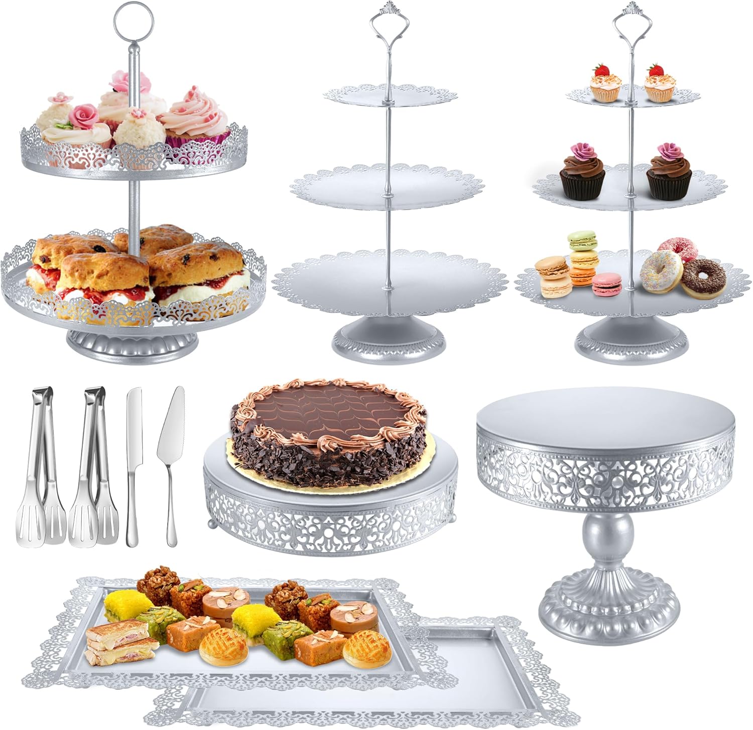 Silver Cake Stand Sets, Metal Dessert Table Display Tiered Cupcake Holder Food F...