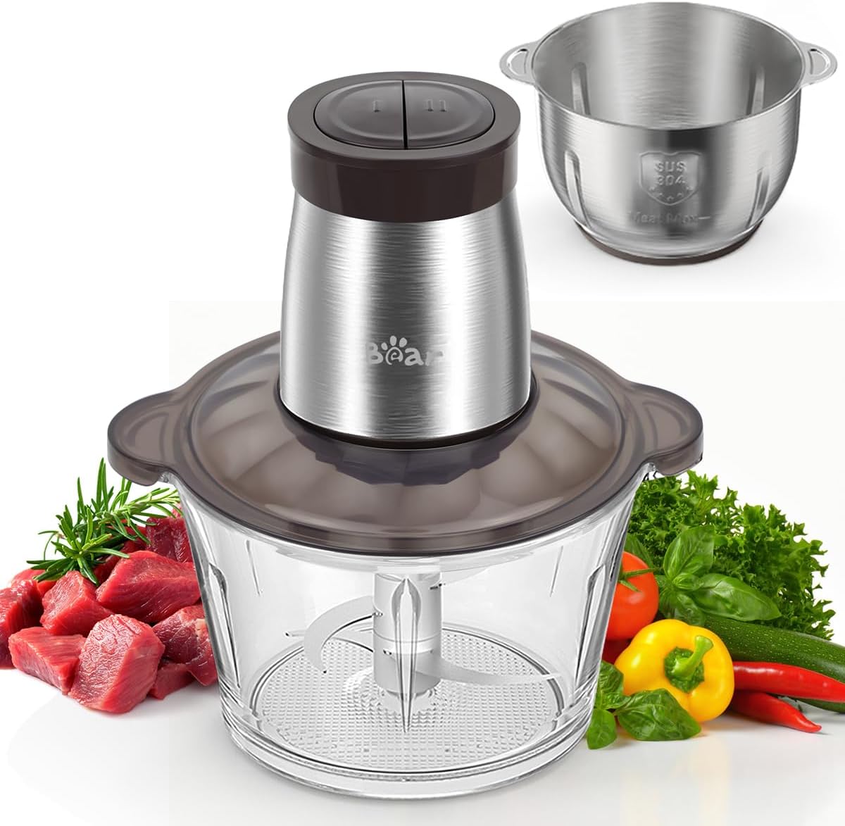 Bear 2L+1.8L 600W Electric Food Processors & Chopper with Glass Container and 30...