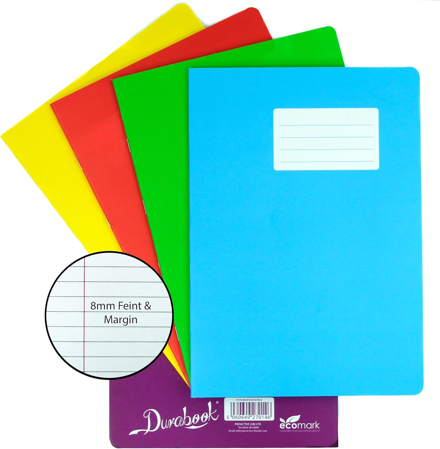 Durabook A4 8mm F&M 5 Assorted Colour Exercise Books, Pack of 5, 80 Page Durable...
