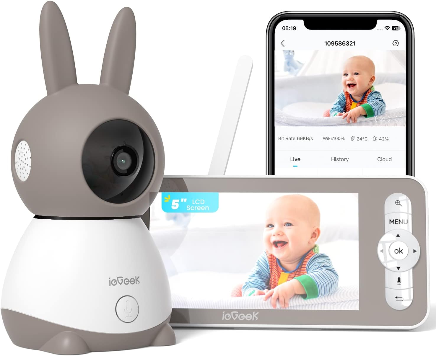 ieGeek 2K Wifi Baby Monitor with Camera and Night Vision, Phone App & 5" Split S...