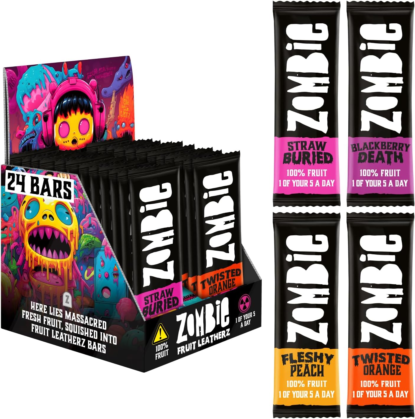 Zombie Fruit Bars, Variety Box (24 Bars, 4 Flavours), 100% Dried Fruit, Healthy...