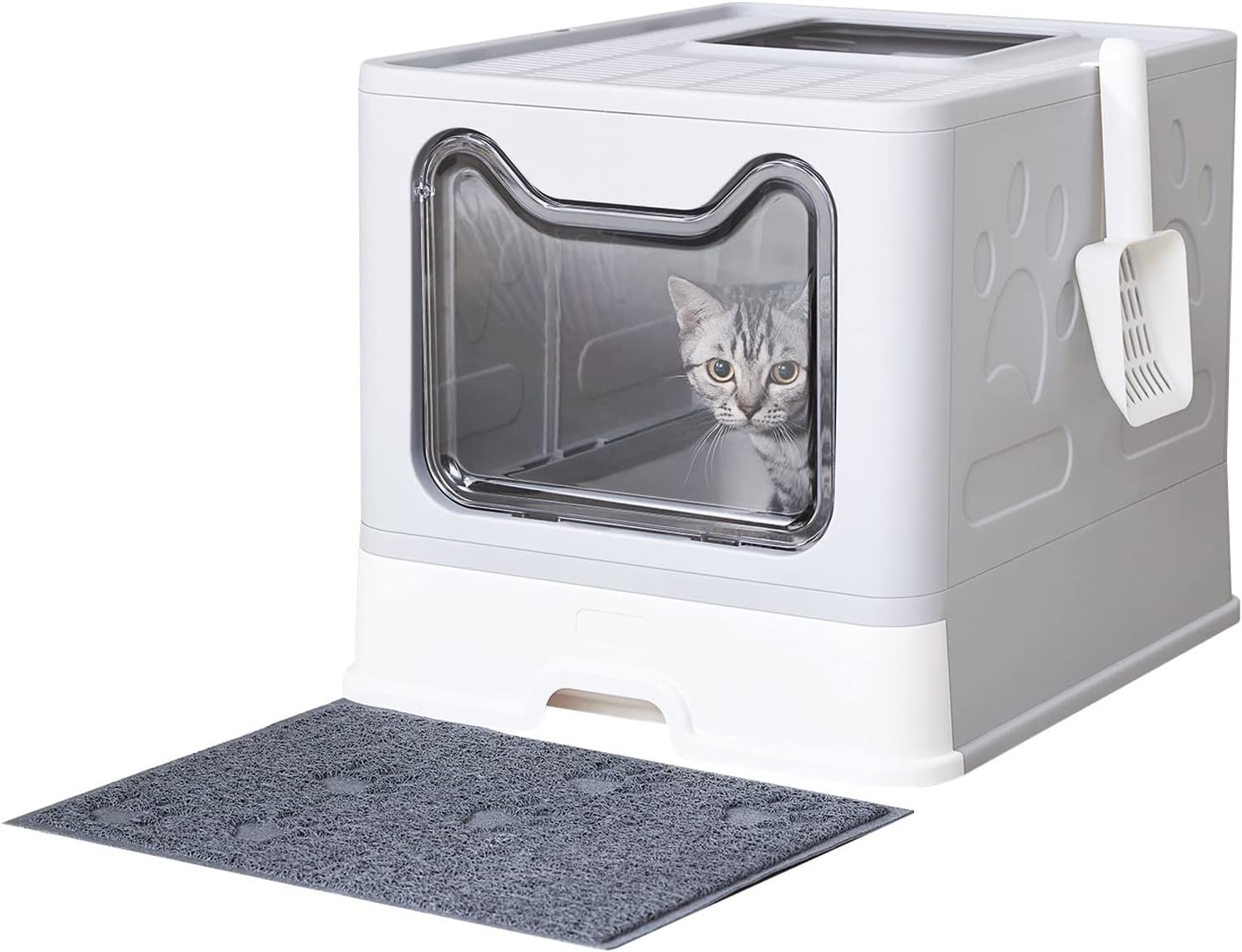 Cat Litter Box with Litter Mat and Scoop, Large Foldable Litter Box with Lid, Fr...