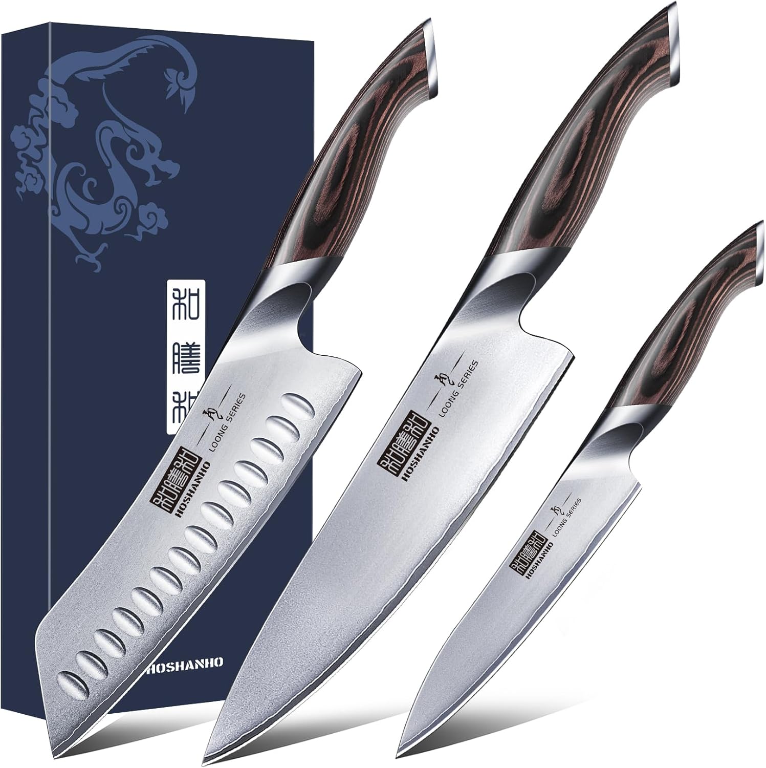 3 Pieces Knife Set, Professional Japanese AUS-10 Stainless Steel Kitchen Knife S...