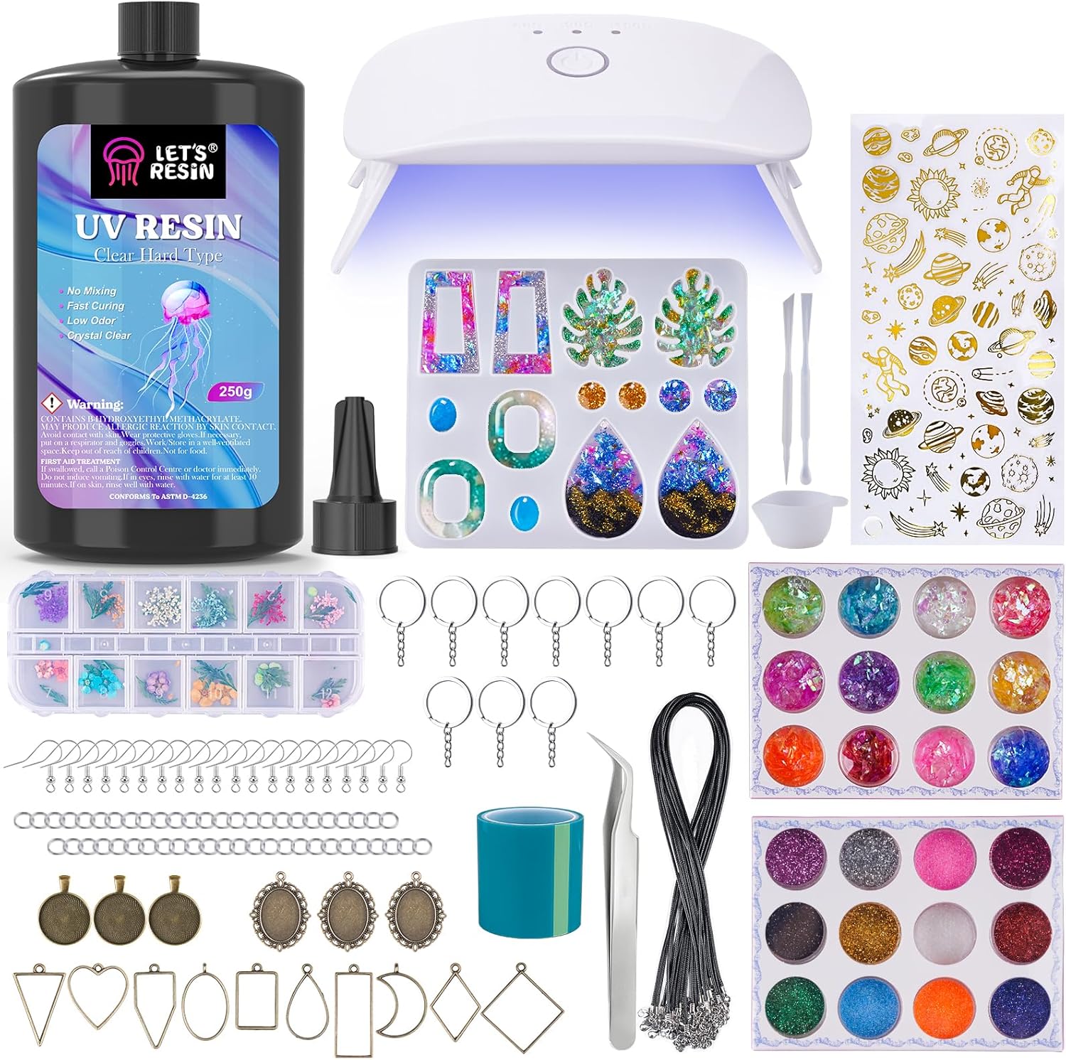 LET'S RESIN UV Resin Kit with Lamp, 153Pcs Resin Jewelry Making Kit with 250g Cr...