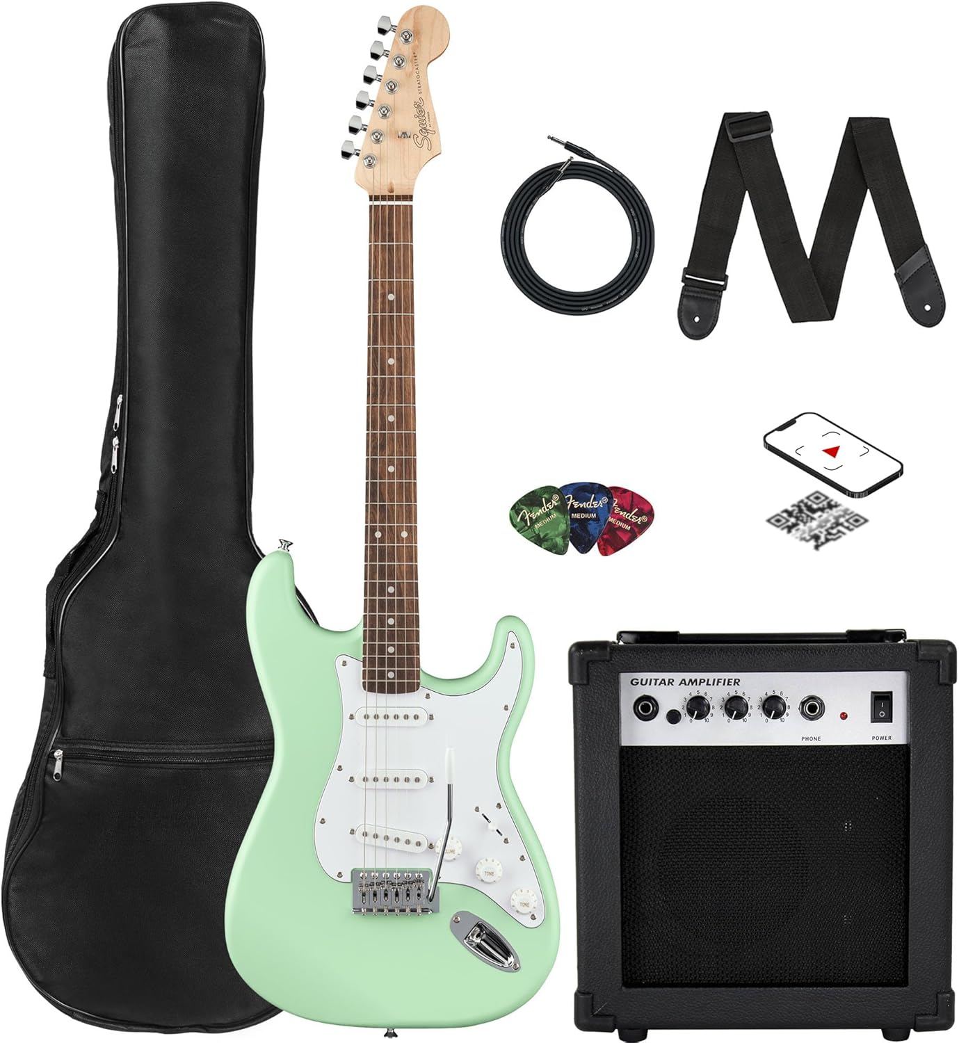 Fender Squier Stratocaster Electric Guitar - Surf Green Bundle with Amplifier, G...