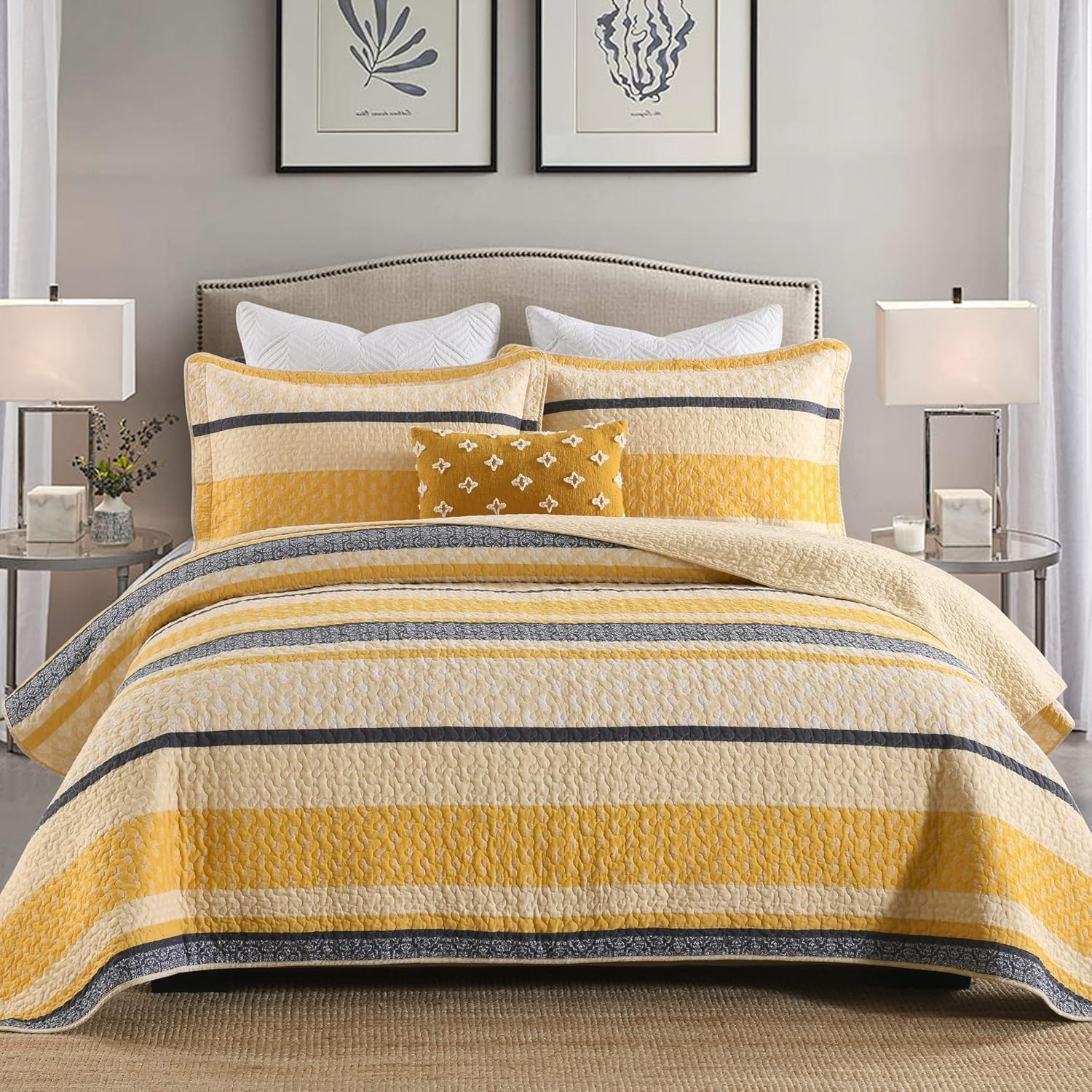 Homzard Quilt King Size - Cotton King Quilt Bedding Set, Yellow Black Gray King...