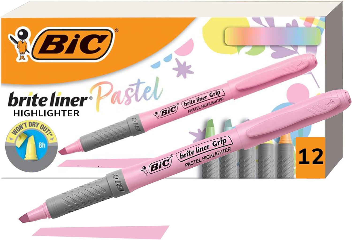 BIC Brite Liner Grip Pastel Highlighter Set, Chisel Tip, 12-Count Pack of Pastel...