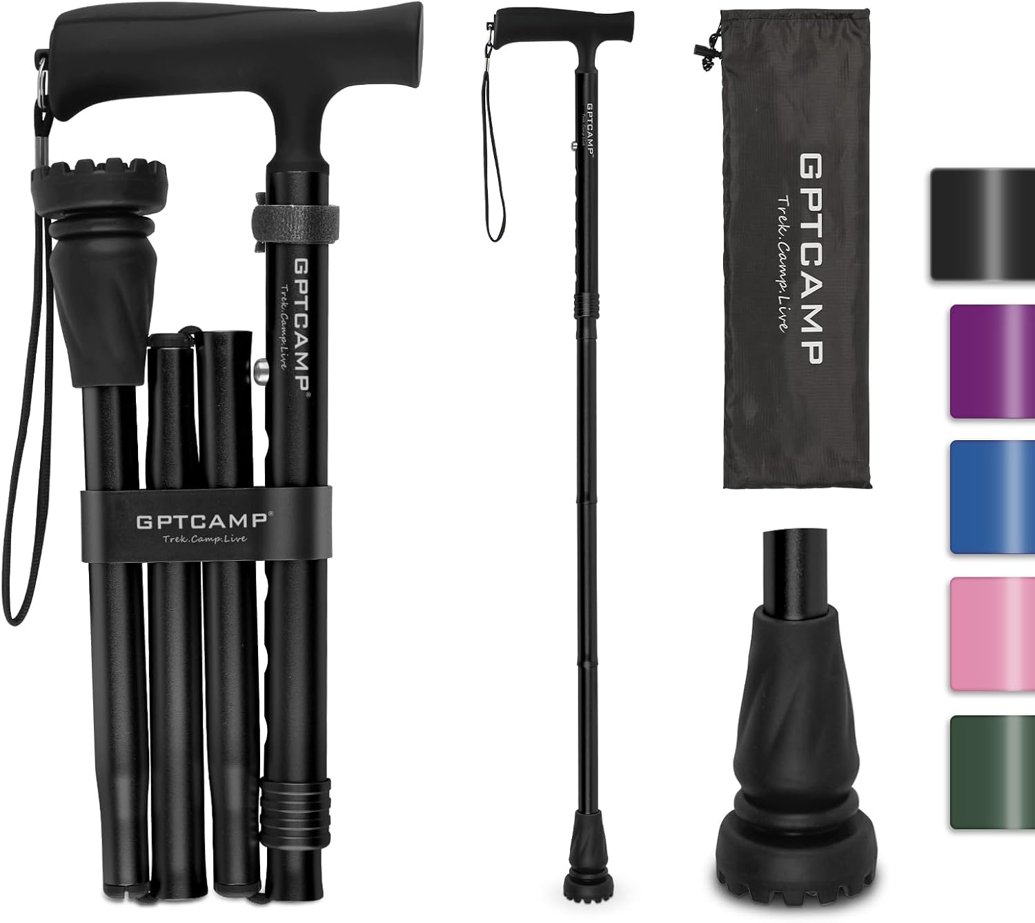 GPTCAMP G2 Walking Stick, Fold-up Walking Cane for Women and Men with Wrist Stra...