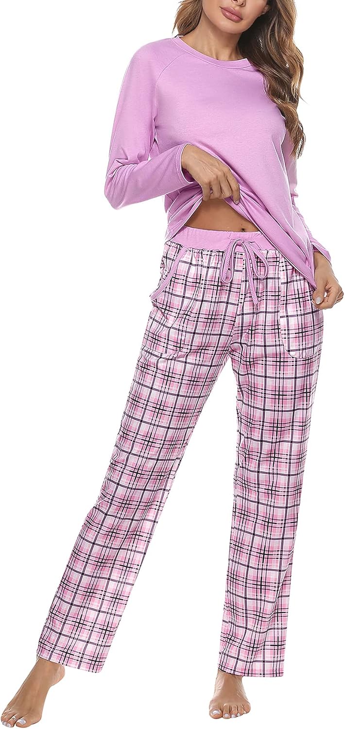Uniexcosm Women's Pyjama Sets Cotton Checked Loungewear Set Long Sleeve Cotton T...
