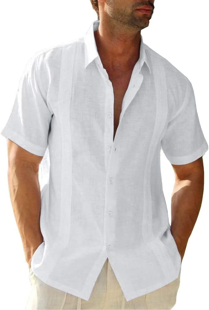 Mens Casual Linen Cotton Button Down Short Sleeve Shirts Cuban Camp Guayabera Be...