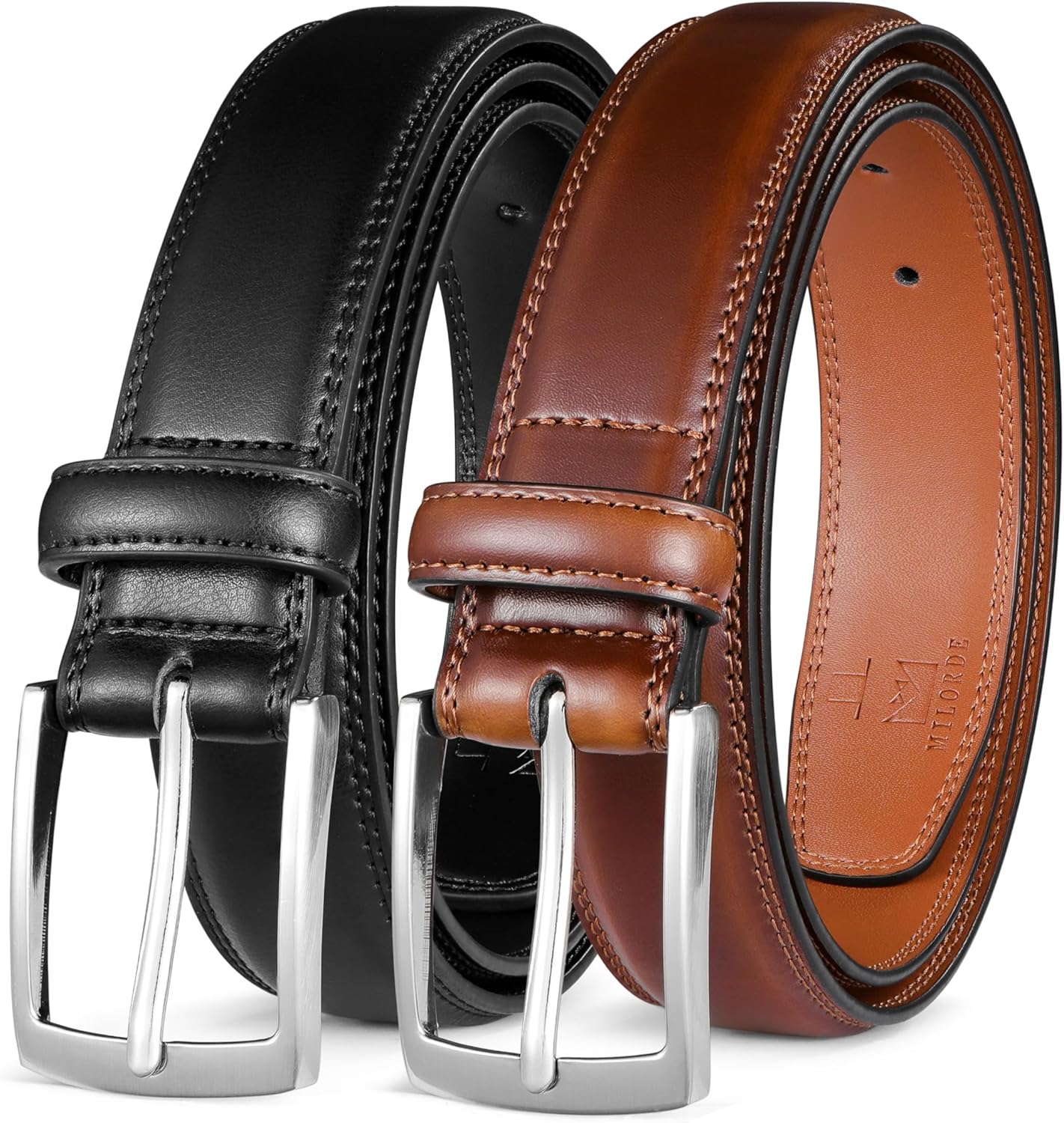 Premium MILORDE Men's Leather Dress Belt, Stylish Handmade Belt 2Pack, High-Qual...