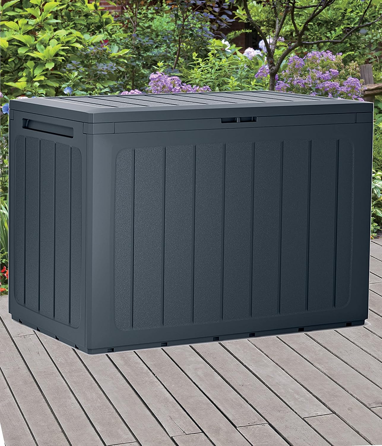 URBNLIVING Anthracite 190L Wood Design Outdoor Storage Box Garden Patio Plastic...