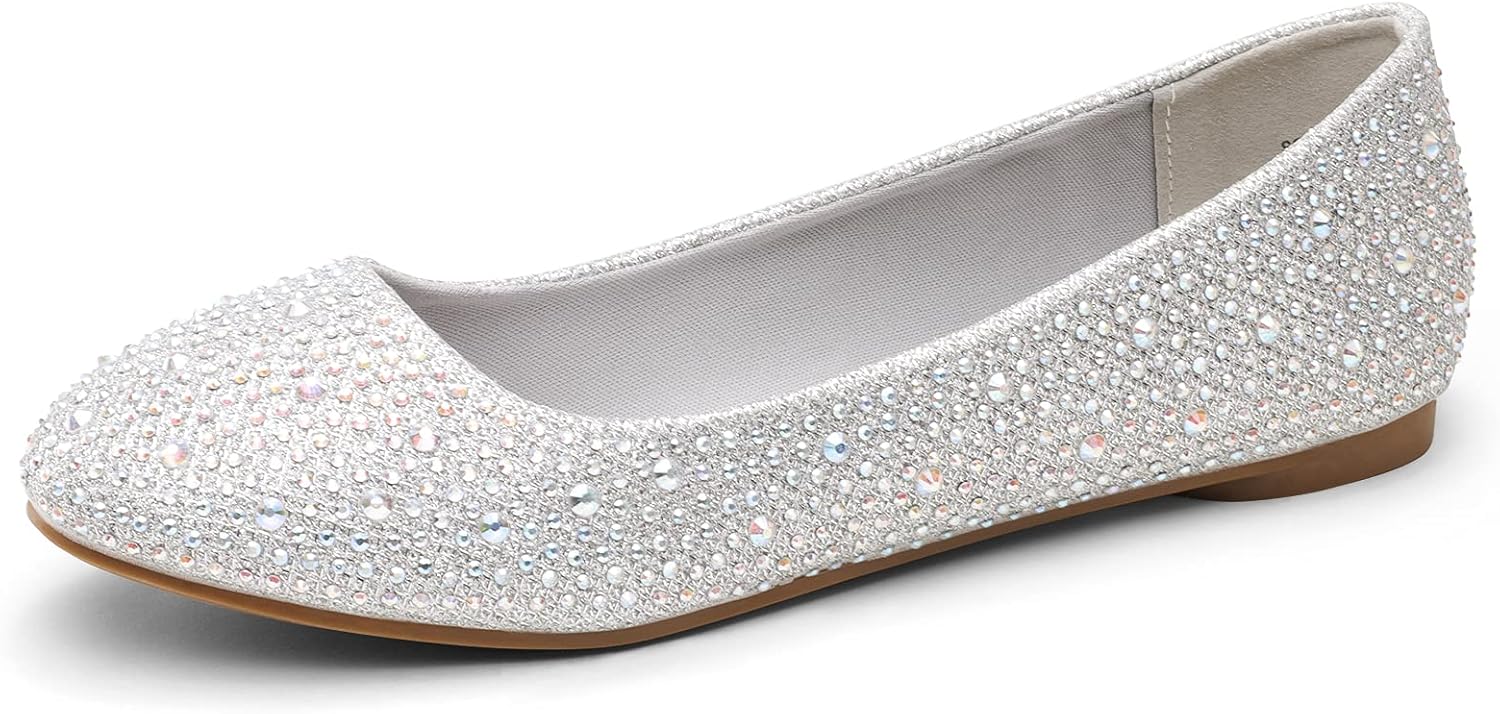 DREAM PAIRS Women's Sole-Shine Rhinestone Ballet Flats Shoes 7 Silver