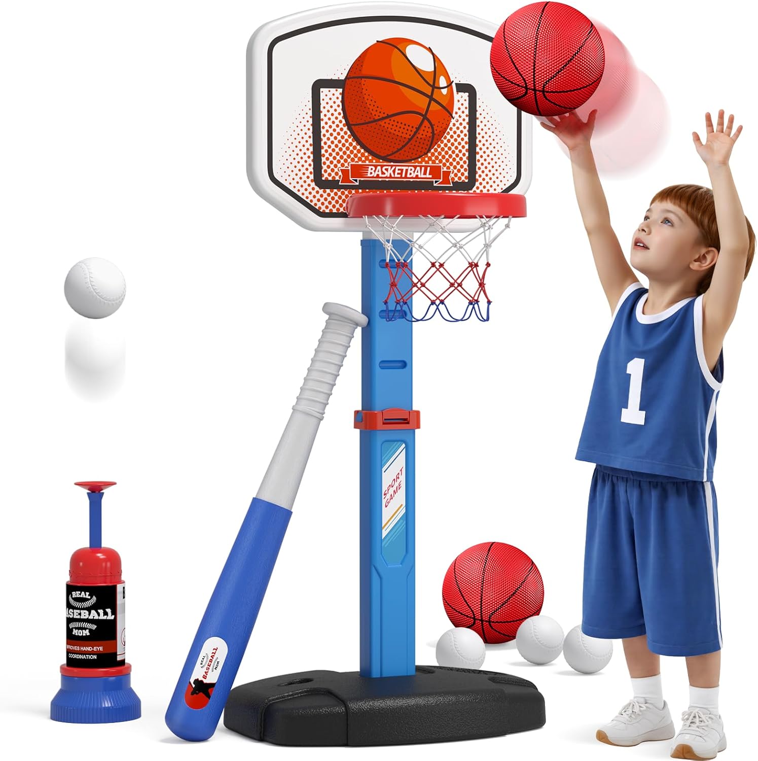 2 in 1 Kids Basketball Hoop and T Ball Set - Adjustable Height, Kids Baseball Te...