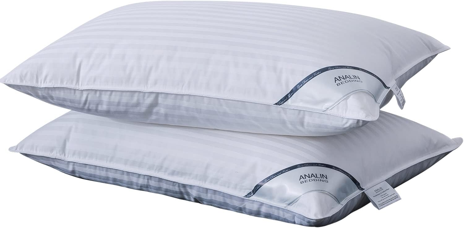 ANALIN 2 pack Goose Feather Down Pillows, 100% Cotton Shell, Non-allergenic & An...