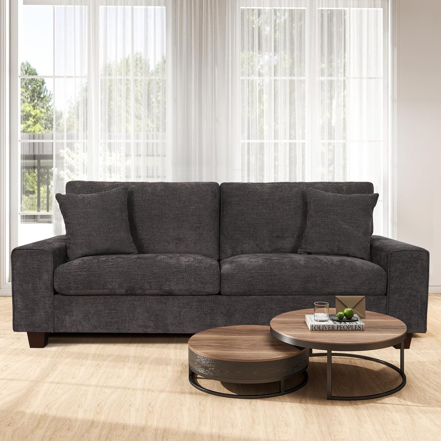 71.25" Chenille Sofa Couches for Living Room, 2 Seater Sofa with 2 Pillows, Smal...