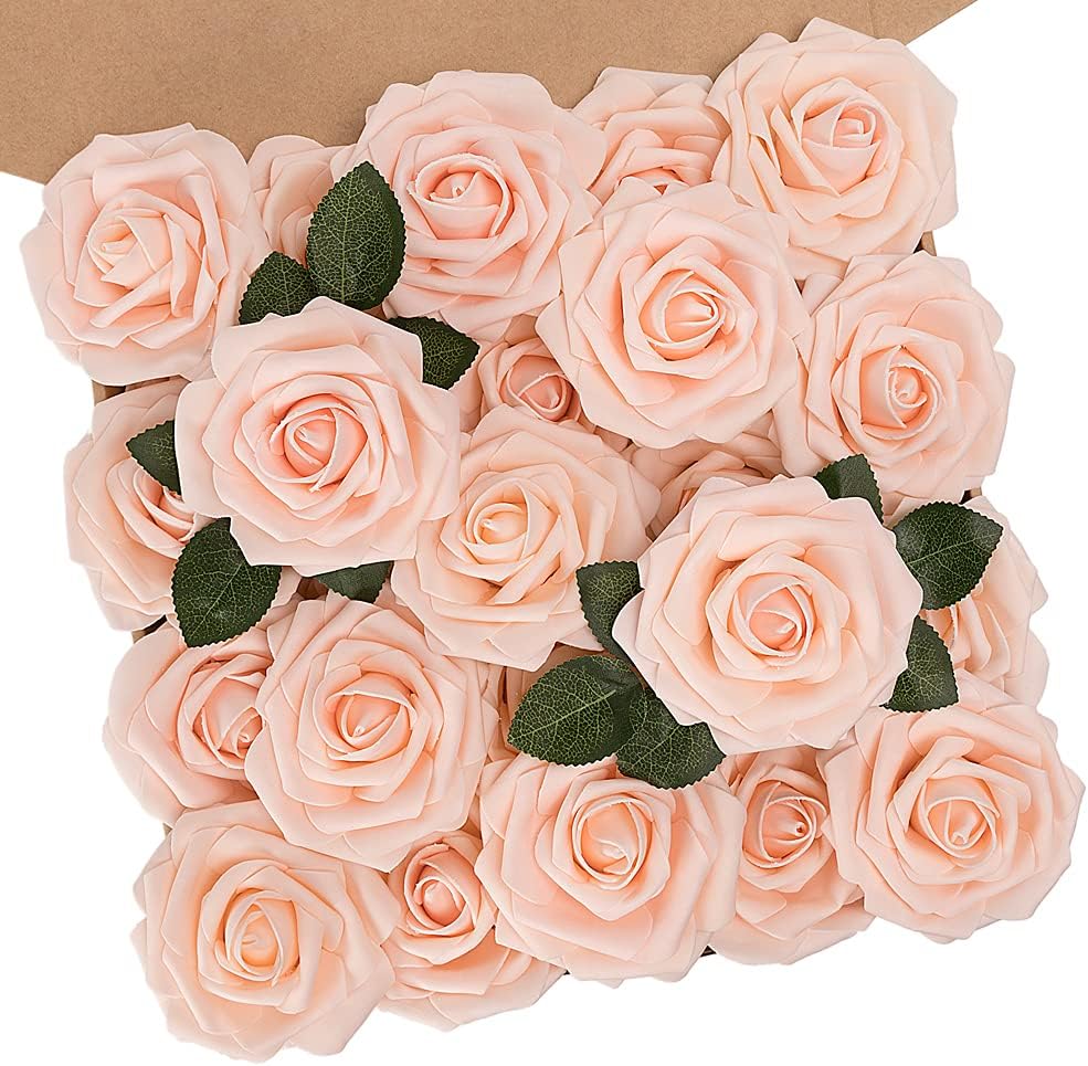 N&T NIETING Artificial Flowers Roses, 25pcs Real Touch Fake Foam Roses DIY for W...
