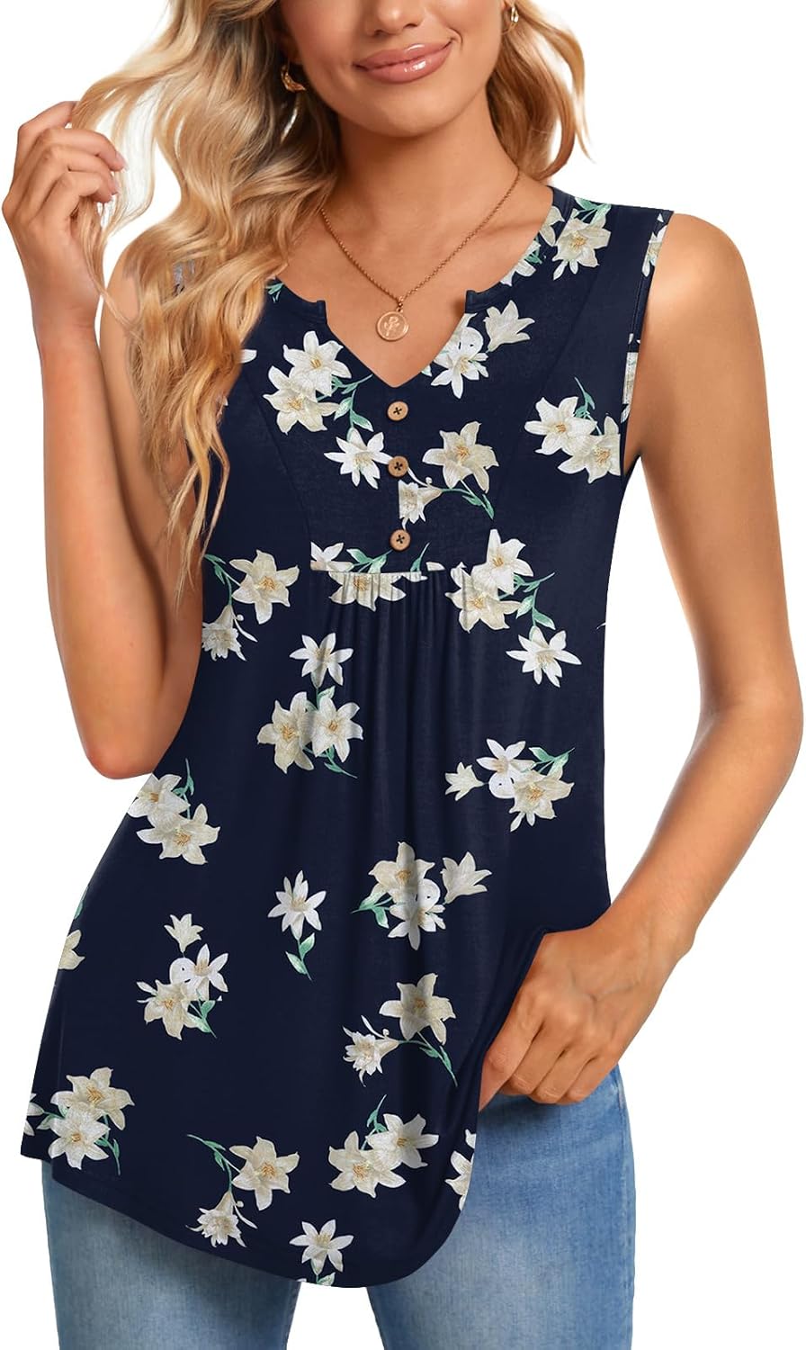 CATHY Womens Summer Sleeveless Tank Top V Neck Button Blouse Casual Pleated Basi...