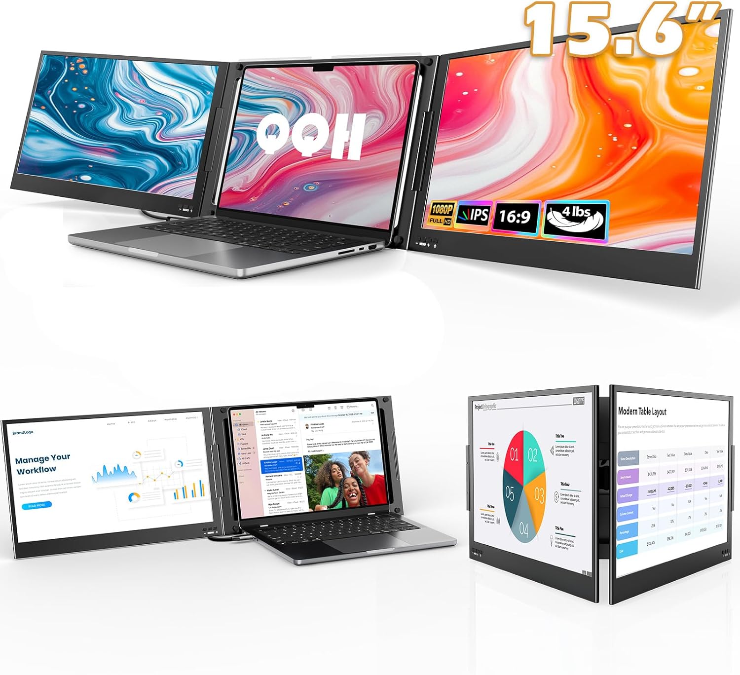 QQH Laptop Screen Extender, Unique Triple Portable Monitor with Ultra-Slim FHD I...
