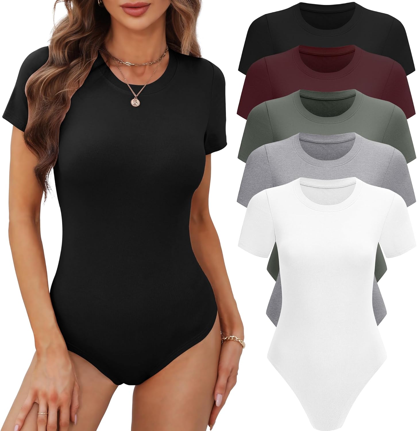 BALENNZ Women's 4/5 Pack Short Sleeve Round Neck Bodysuit Tops Crew Neck Basic C...