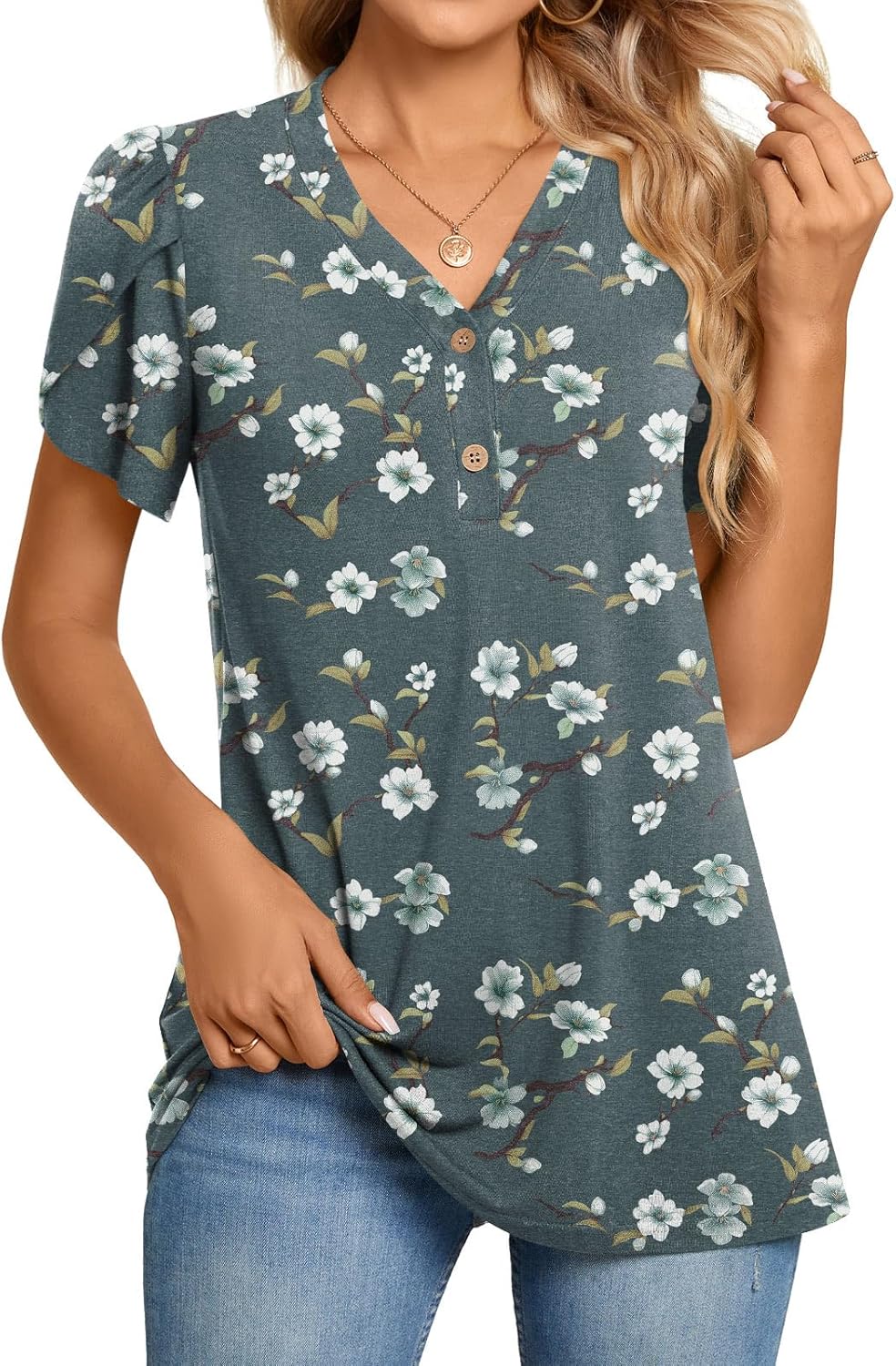 BISHUIGE Womens Henley Tunic Tops Button Up T-Shirts Petal Sleeve V-Neck Casual...