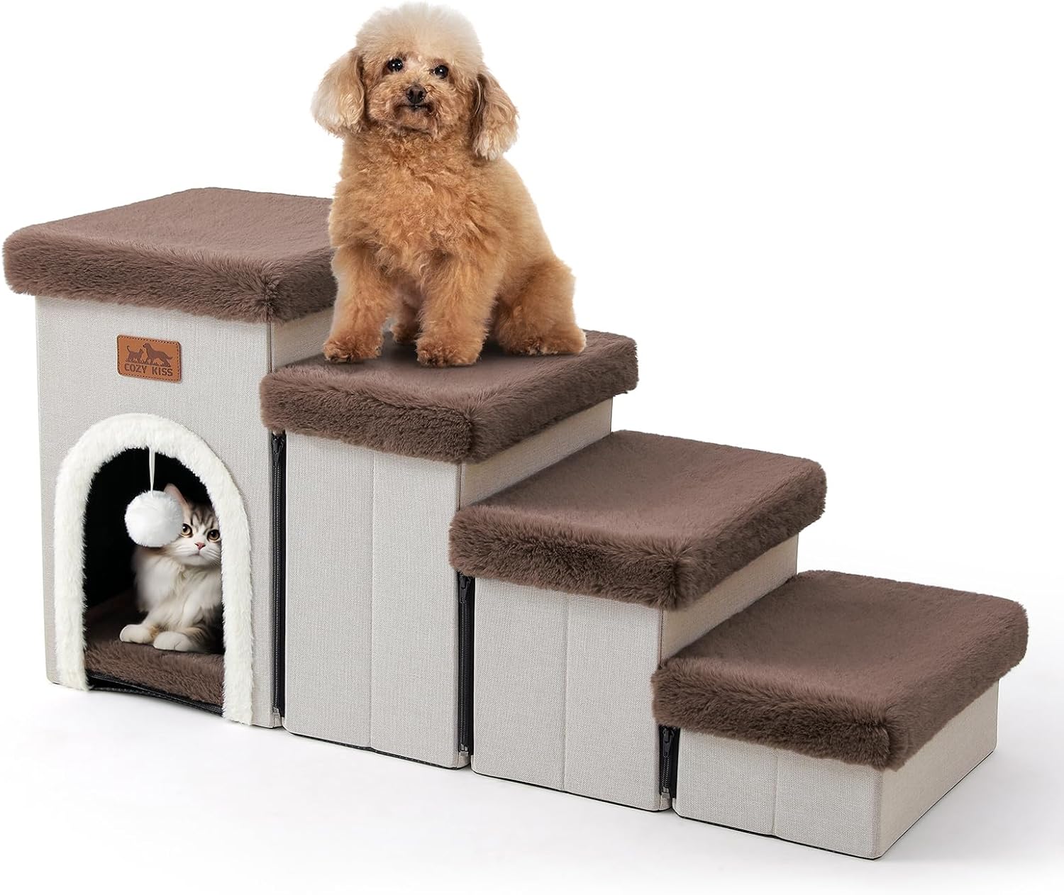 Dog Stairs for Small Dogs with Storage and Condo, 17.5" H Foldable Pet Stairs fo...