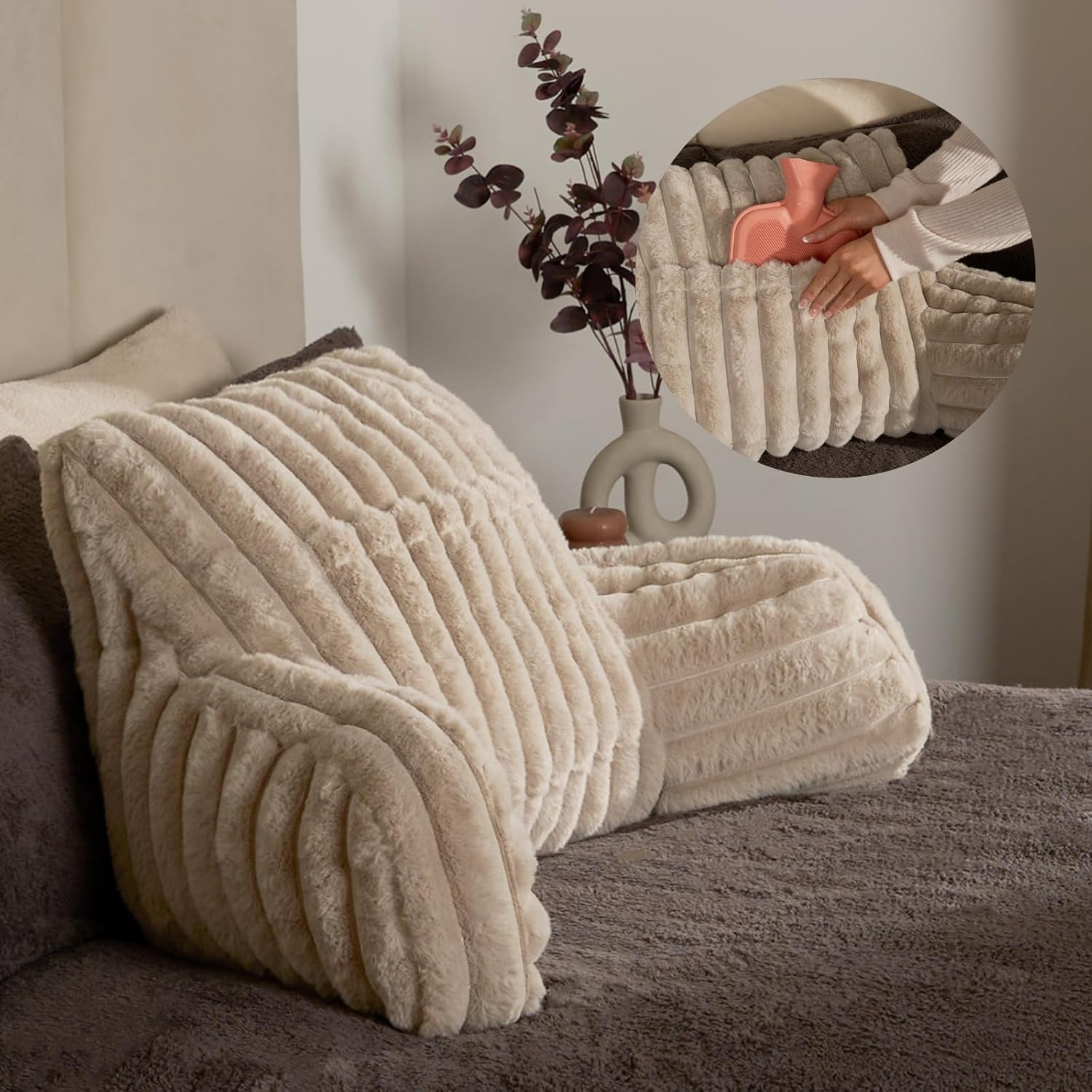 OHS Back Support Cushion for Bed, Faux Fur Ribbed Reading Pillow Super Soft Cosy...