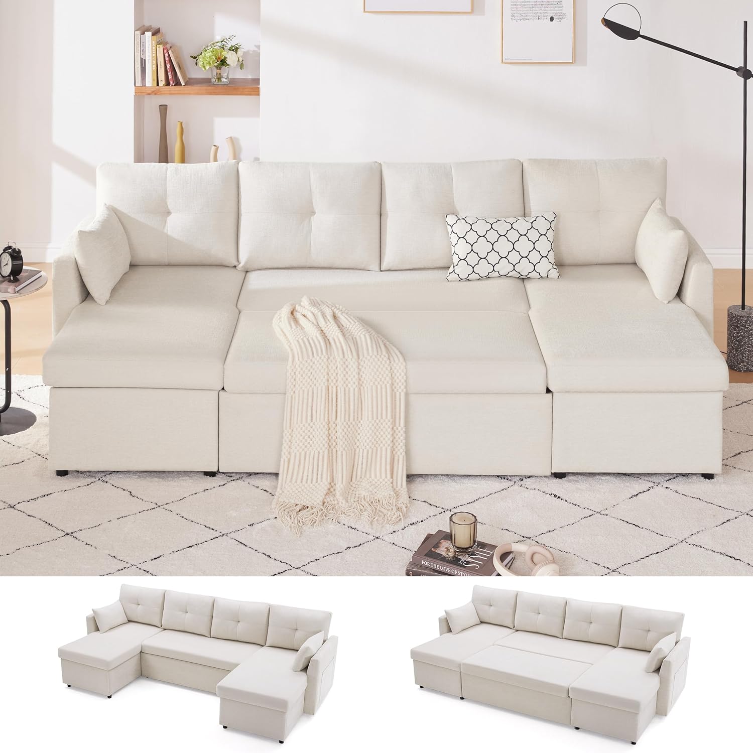 Oversized Sleeper Sofa Couch, 110 inch 2 in 1 Pullout Couch Bed with Double Stor...