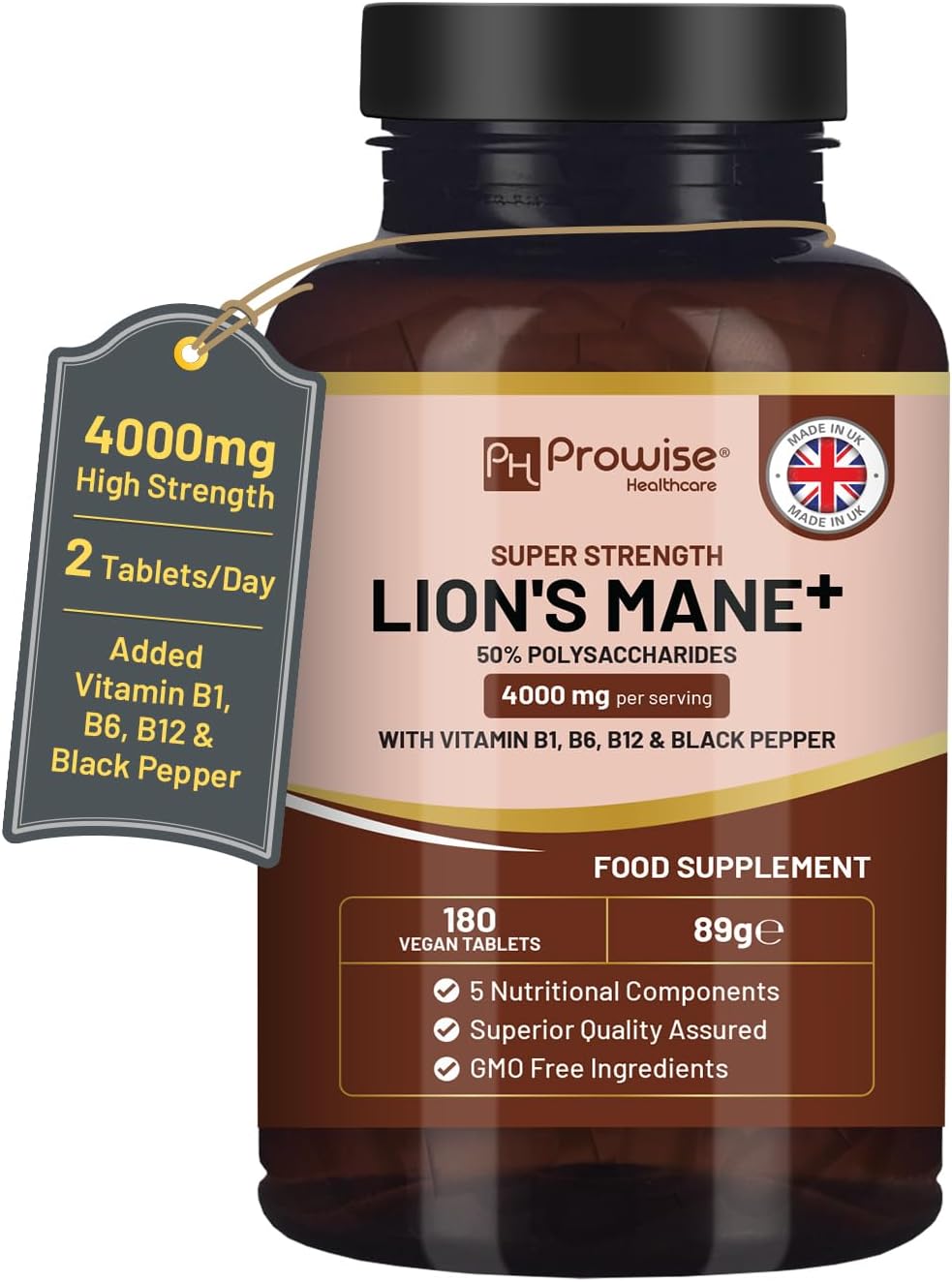 Lions Mane Mushroom Supplement 4000mg with Vitamin B1, B6, B12 & Black Pepper -...