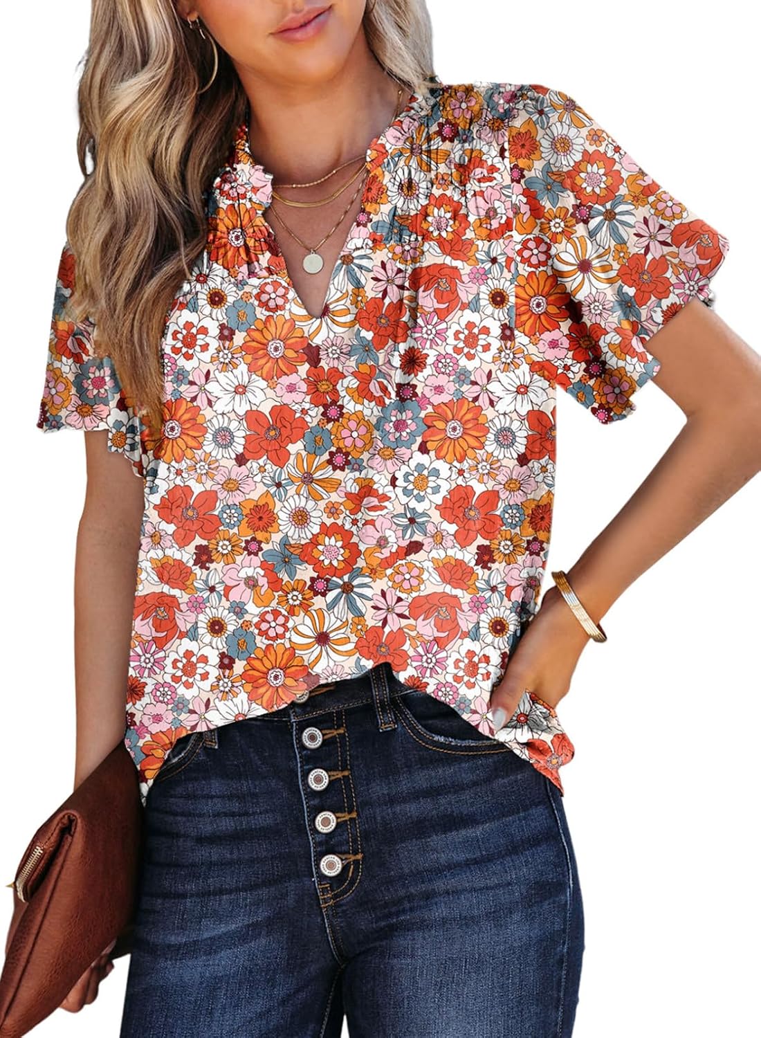 SHEWIN Women's Casual V Neck Floral Print Smocked Short Sleeve Chiffon Blouses B...