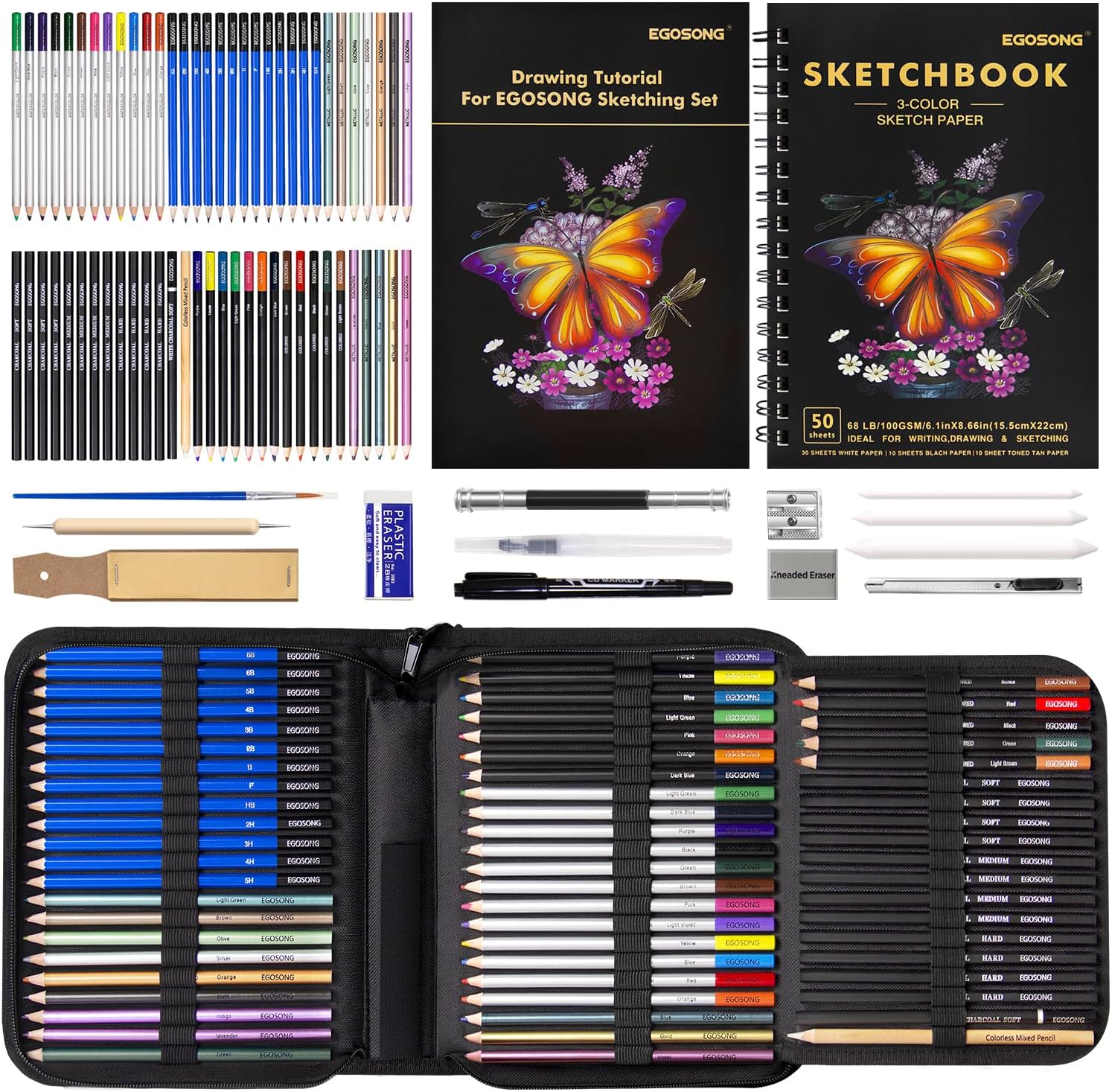 EGOSONG Drawing Set Sketch Pencils Kit,78 Pieces Sketching Supplies with 3-Color...