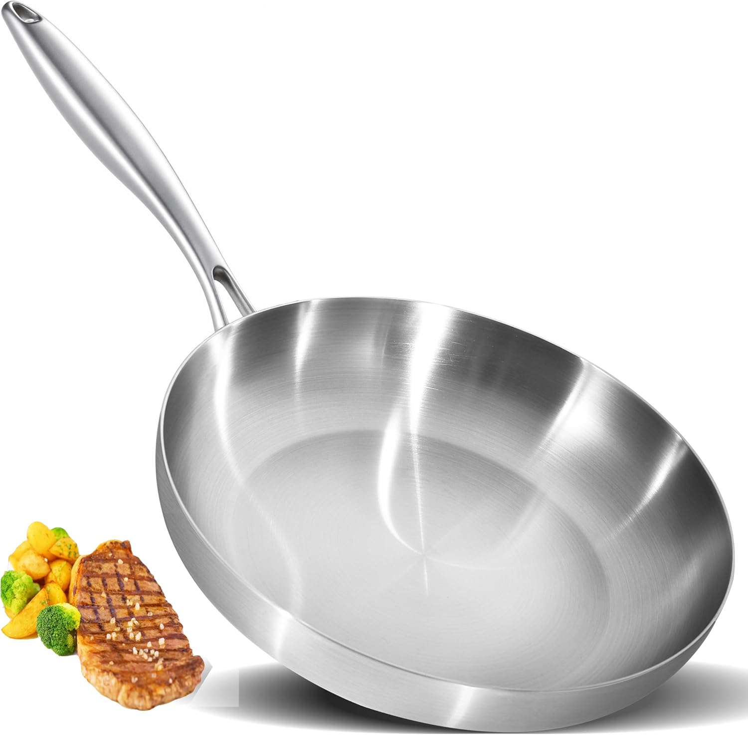 LOLYKITCH 12 Inch Tri-Ply Stainless Steel Frying Pan,Skillet,Induction Cooking P...