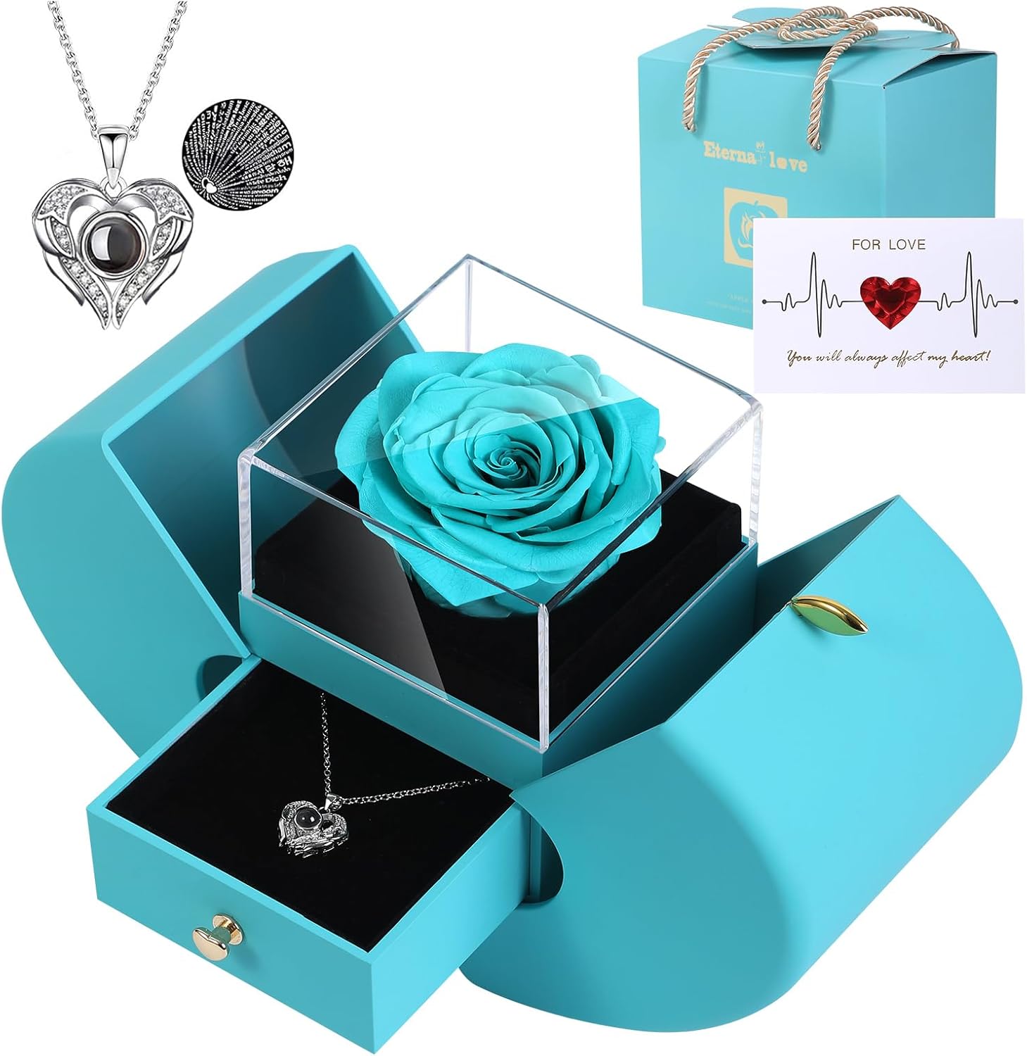 Firestyle Preserved Real Rose, Gift Box with I Love You Necklace, Handmade Etern...