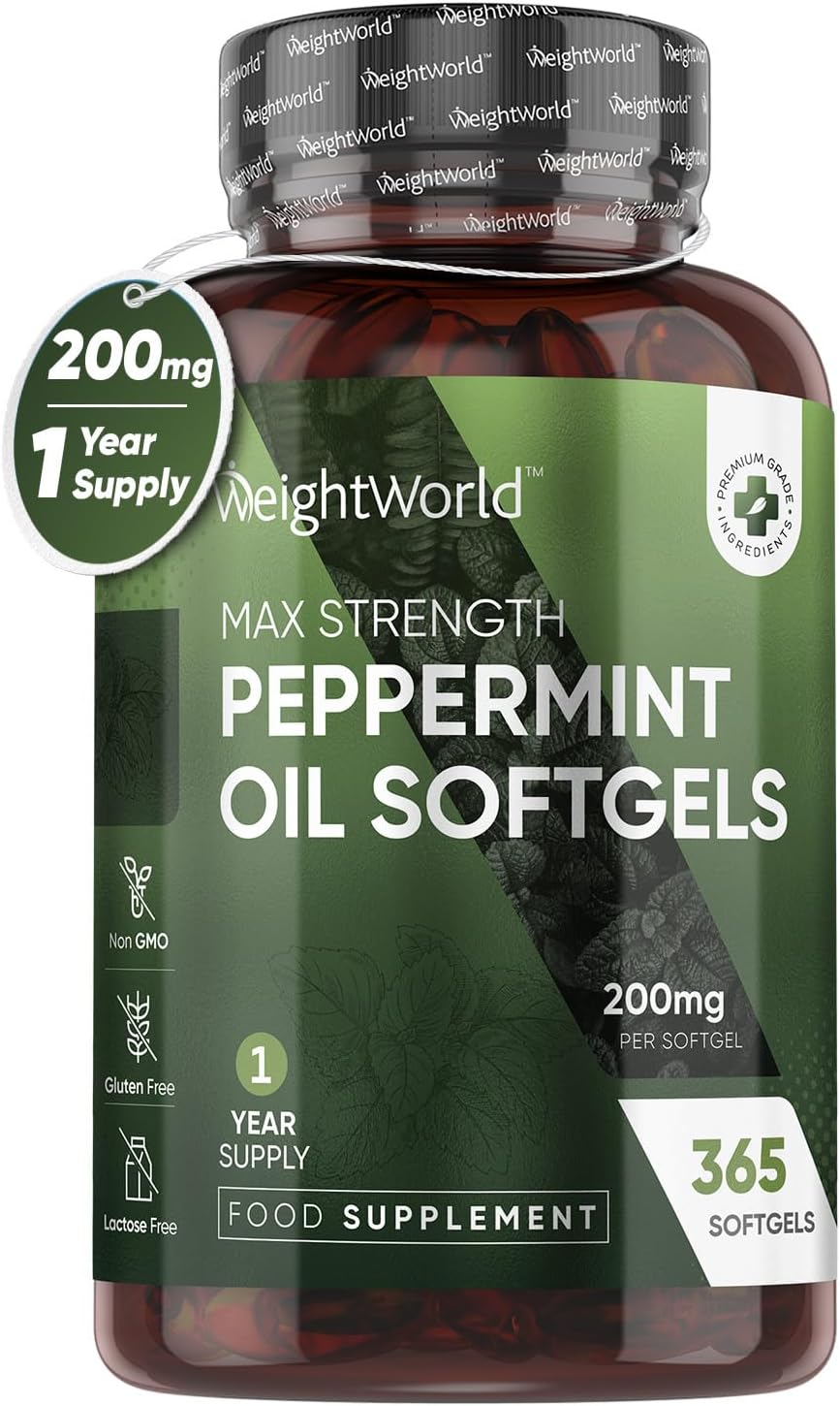 Peppermint Oil Capsules 200mg - 1 Year Supply (365 Softgels) - Easy to Digest &...