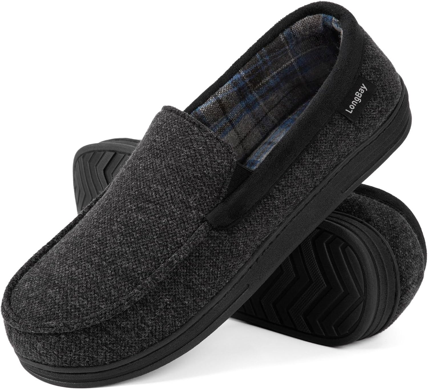 LongBay Men's Moccasin Slippers Memory Foam Plush Fleece House Shoes in Indoor O...