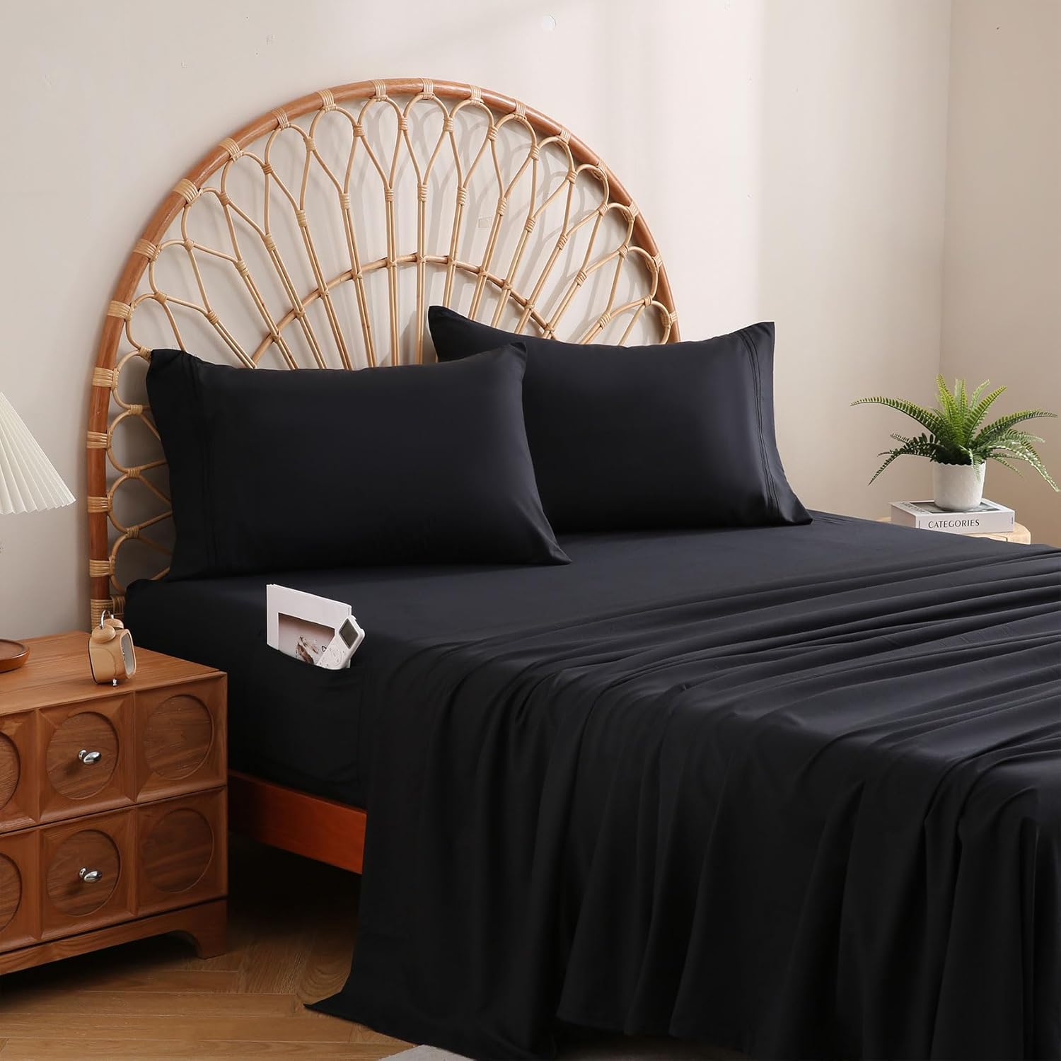 JSD Black Queen Sheet Set with Side Pocket Corner Straps, 4 Piece Soft Microfibe...