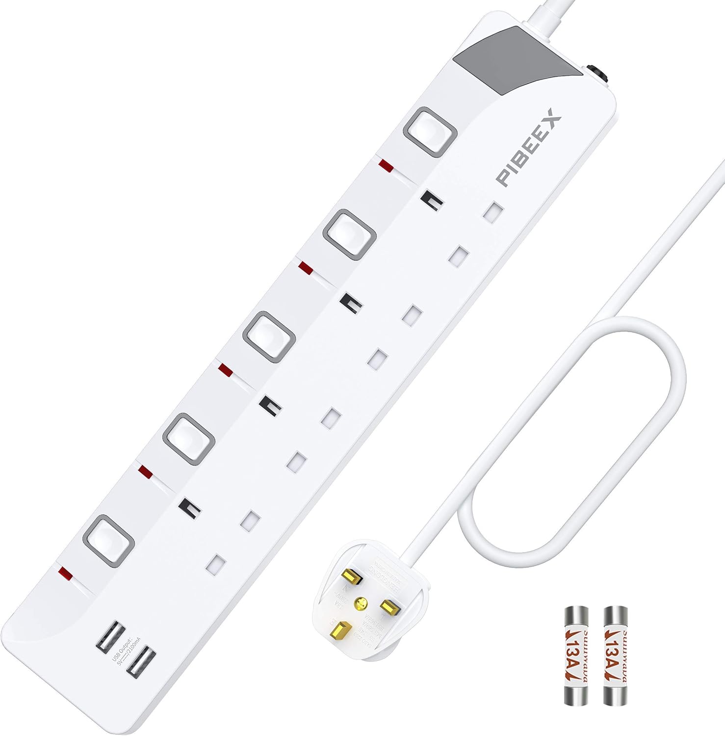 PIBEEX Extension Lead with 4 Way Plug Sockets, 13A, Individual Switches, 2 USB P...