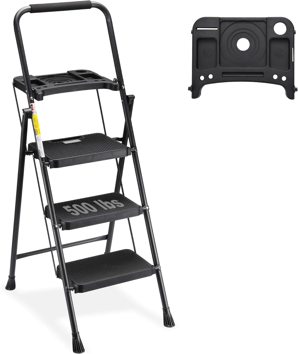 HBTower 3 Step Ladder with Tool Tray, Folding Step Stool with Wide Non-Slip Peda...