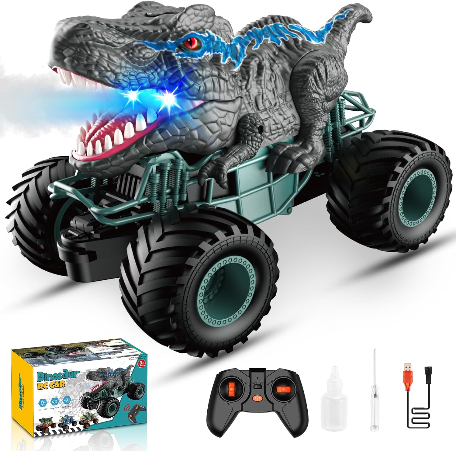 HappyGoLucky Dinosaur Toys for Boys, 1:16 Scale RC Monster Truck with Spray Roar...