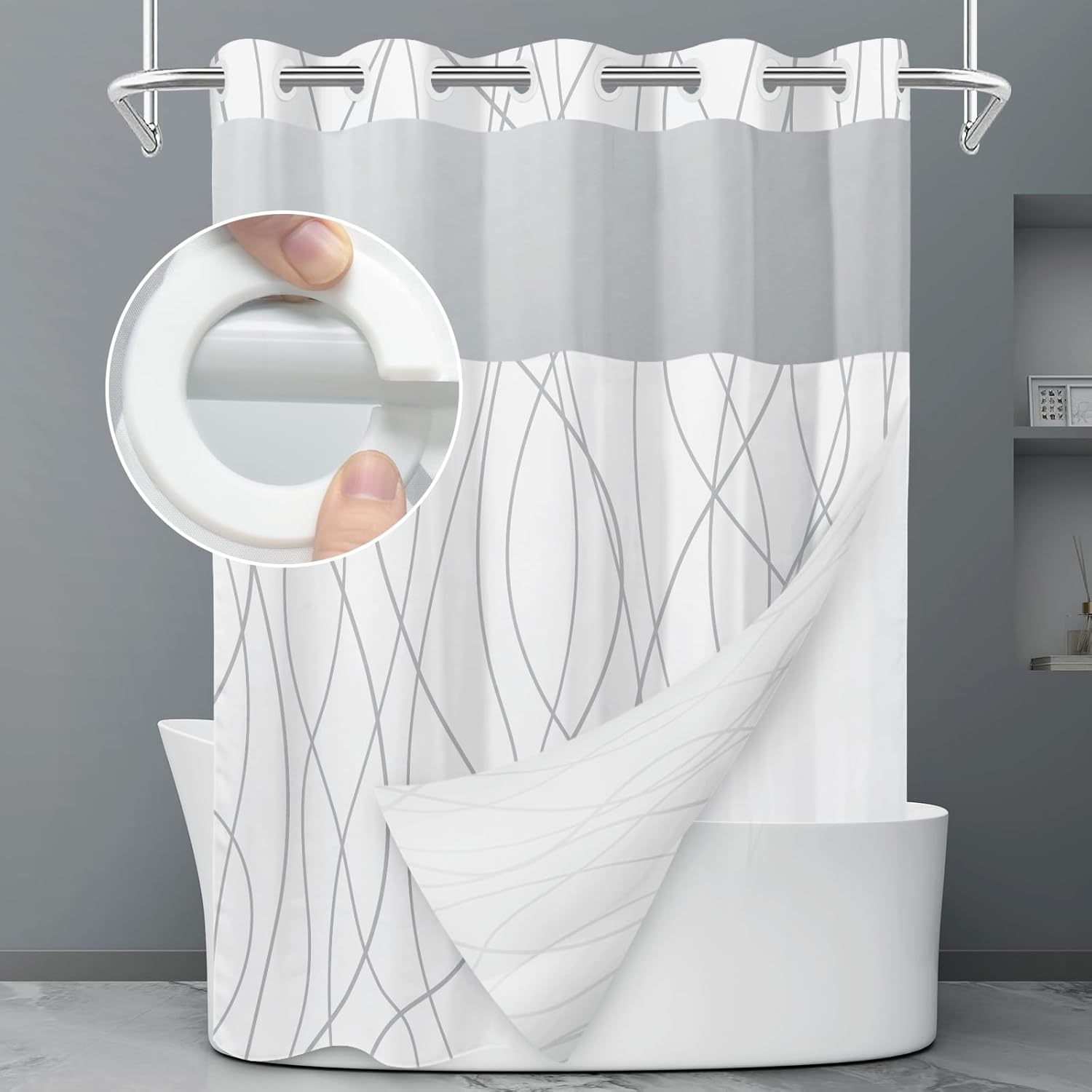 No Hook Grey White Striped Shower Curtain with Snap in Fabric Liner Set - Hotel...