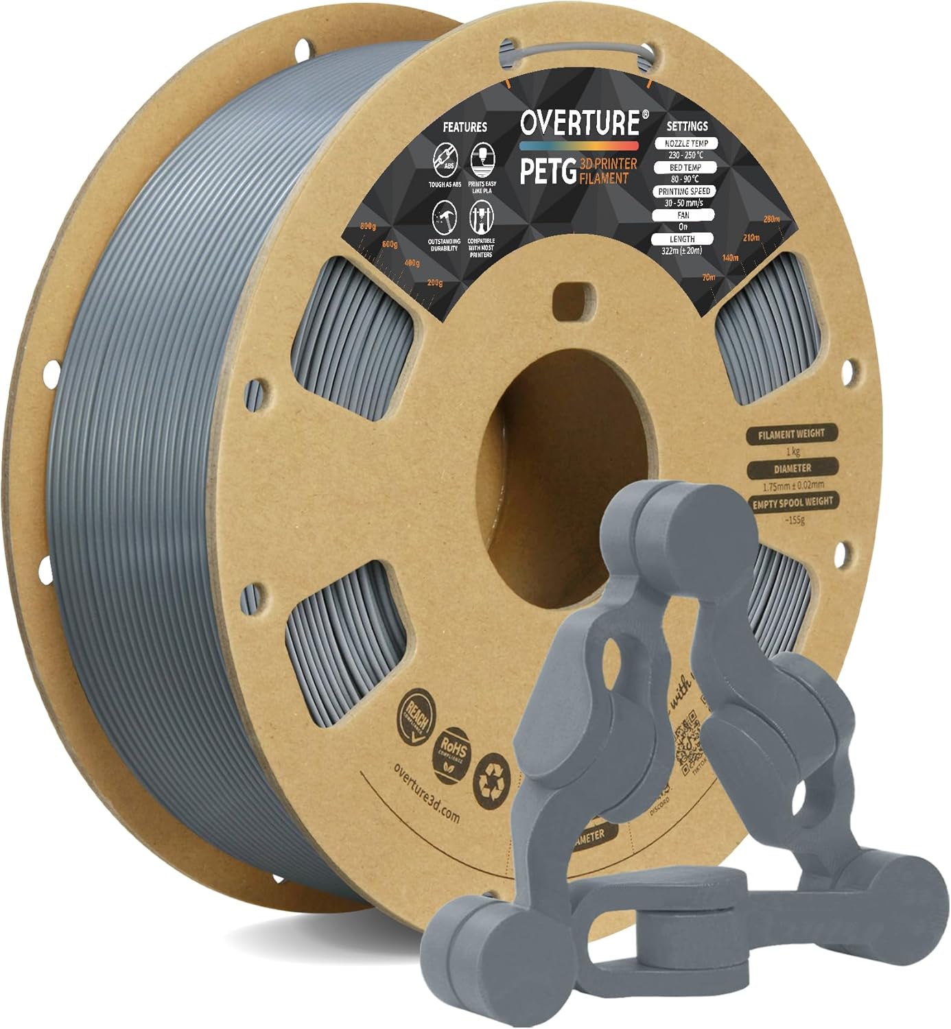 OVERTURE PETG Filament 1.75mm,3D Printer Filament PETG,1kg Spool (2.2lbs),Dimens...