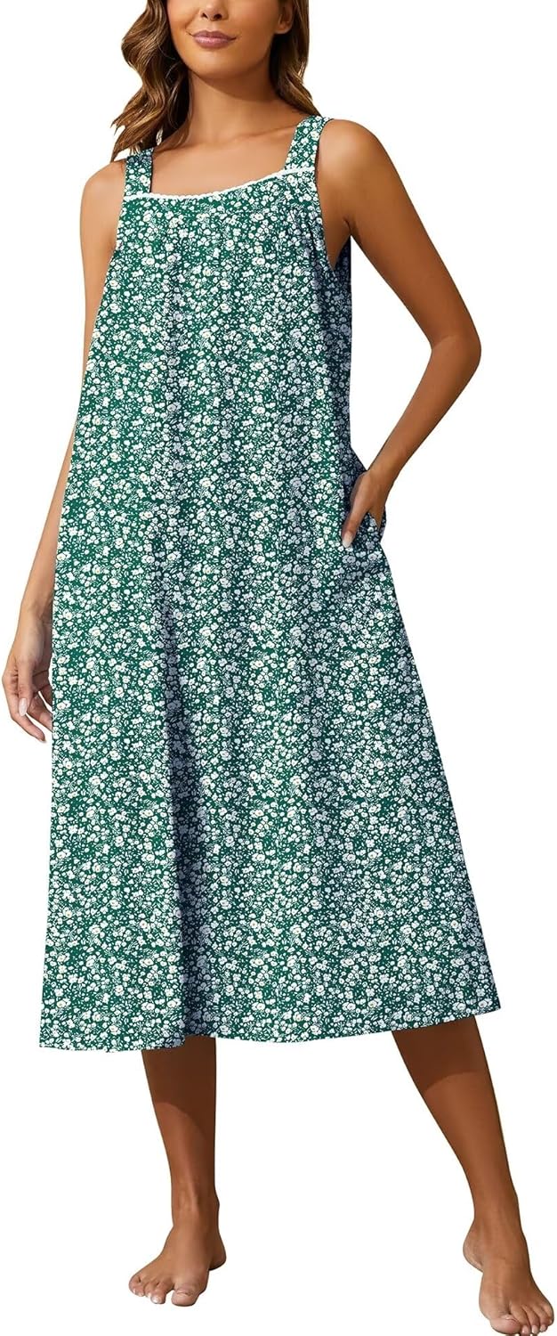 YOZLY Cotton Nightgowns for Women Embroidery Sleeveless Night Gown with Pockets...