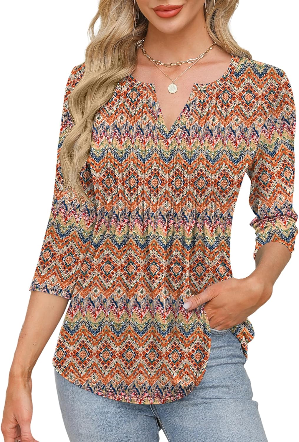 LUYAA 3/4 Length Sleeve Womens Tops V Neck Tunic Tops Dressy Casual Pleated Shir...