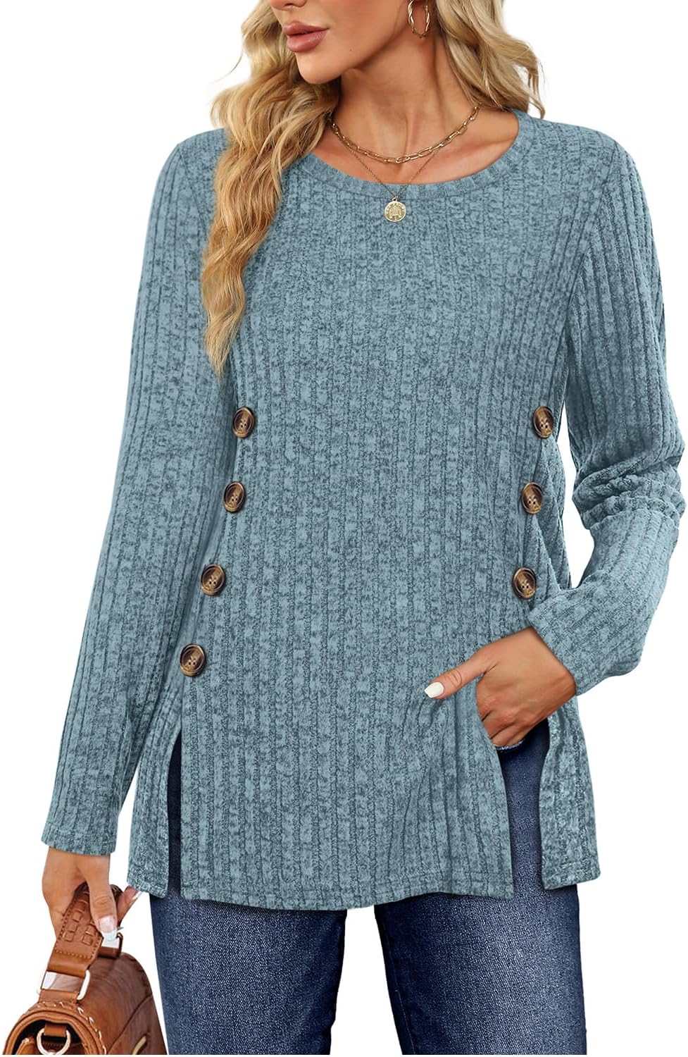 Sampeel Women's Long Sleeve Tops Jumpers Symmetrical Button Down Collar Slimming...