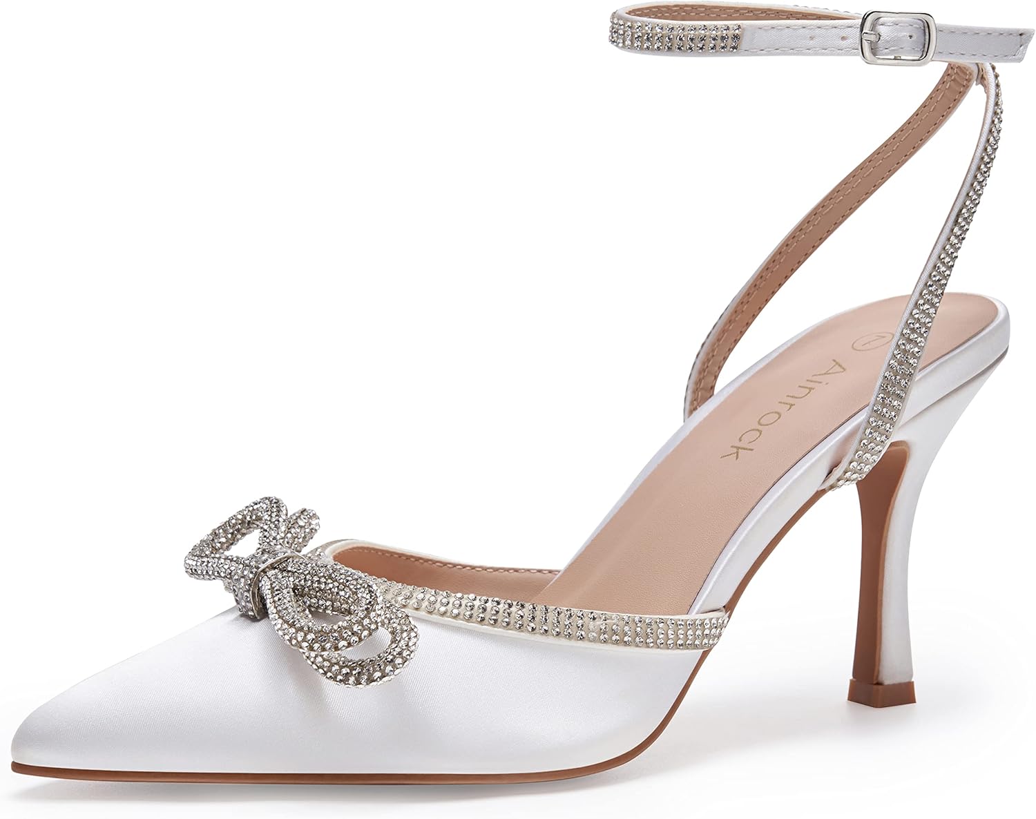 Women's Rhinestone Bow Heels, Elegant Sparkly Wedding Footwear, Unique Closed Po...