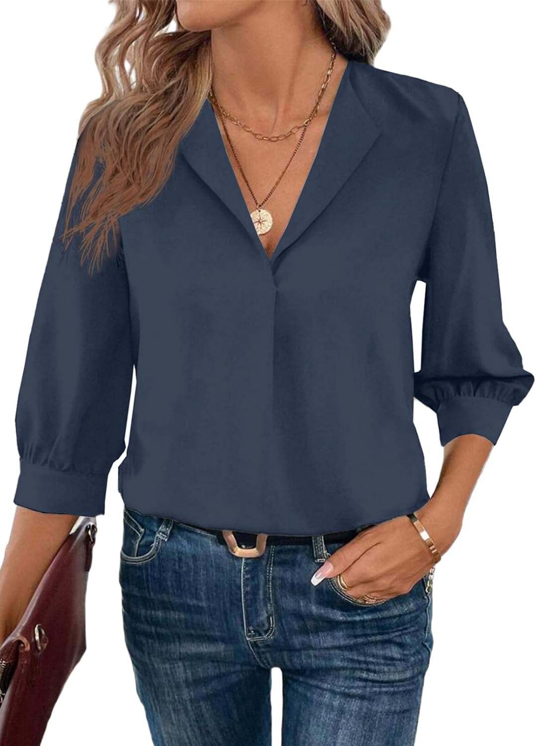 Astylish Womens 3/4 Sleeve Shirt Casual V Neck Turn-Down Collar Business Dressy...