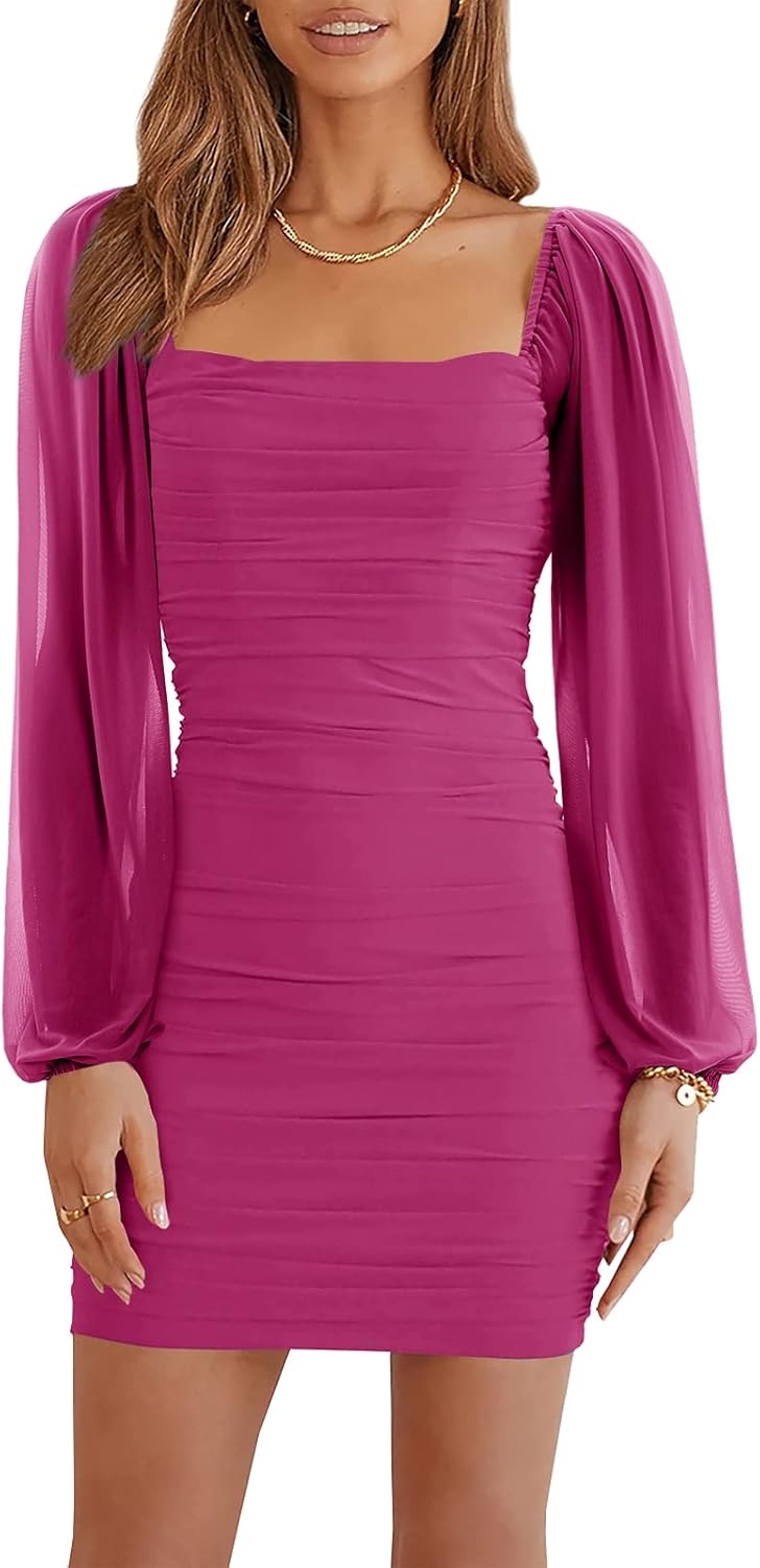 Ofenbuy Women's Mesh Long Sleeve Dress Square Neck Ruched Mini Bodycon Dress Str...
