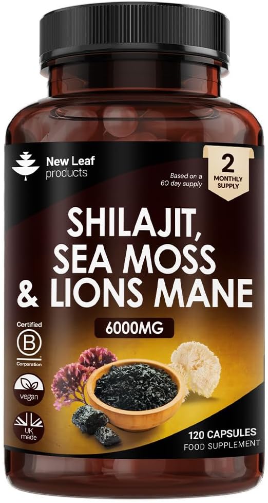Shilajit Seamoss and Lions Mane Capsules 6000mg - High Strength Complex - 60% Fu...
