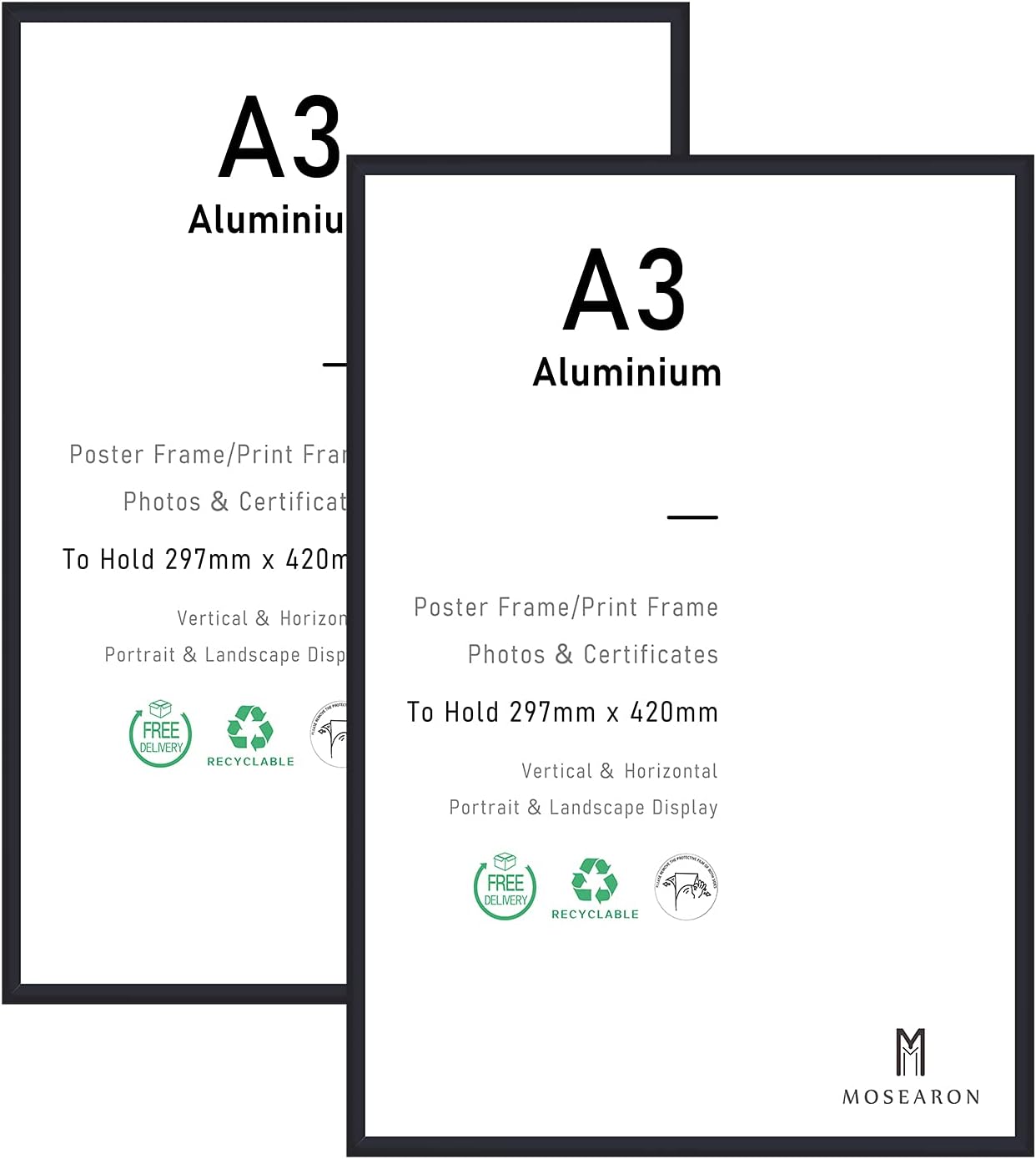 A3 Certificate Picture Frame,2 Pack Black Aluminium Photo Frame with plexiglass...