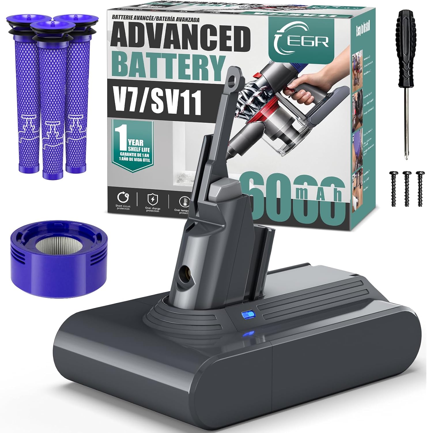 EGR 6000mAh V7 Battery Replacement, Special Battery Compatible with Dyson V7 Ani...